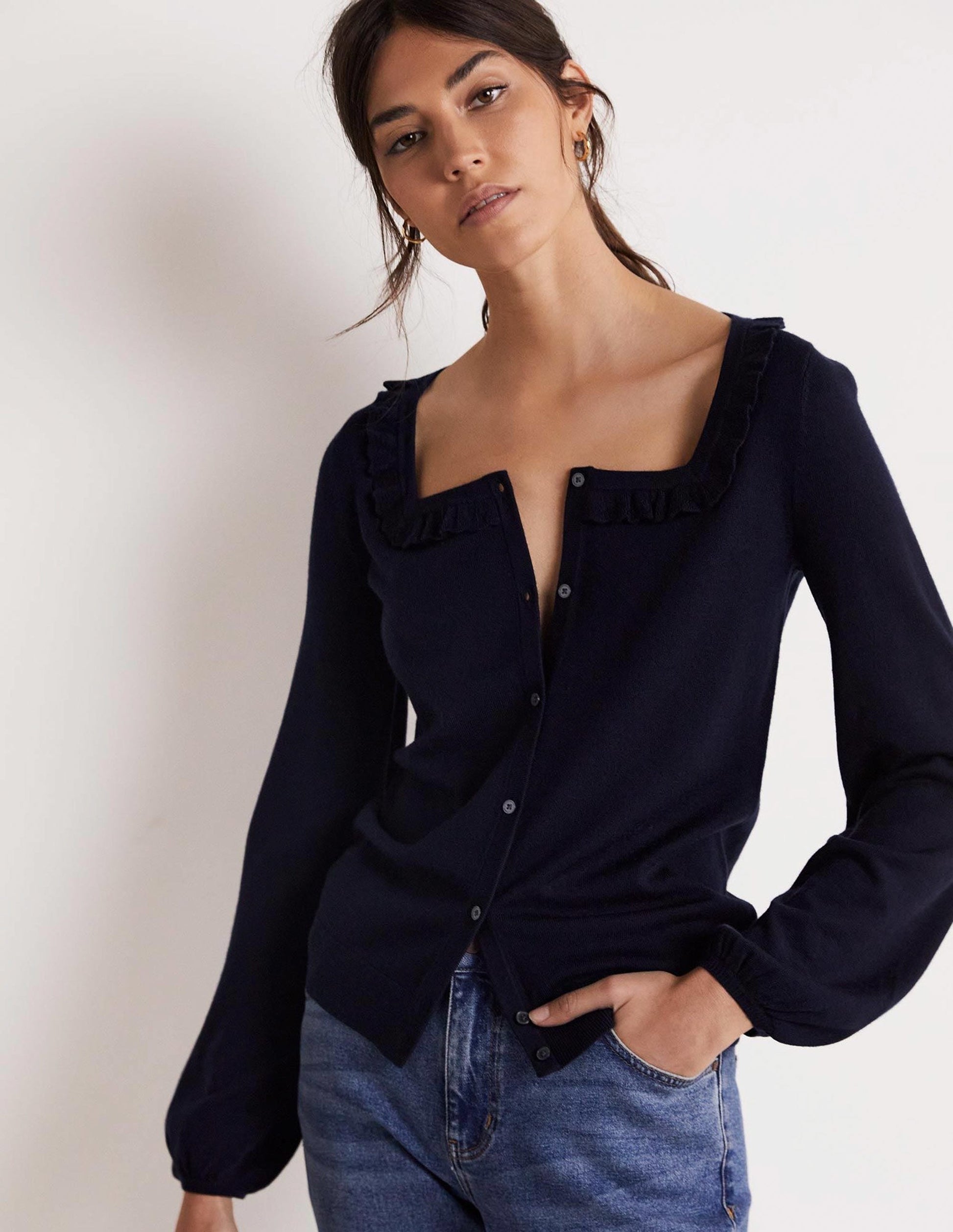 Square Neck Merino Cardigan-Navy-10