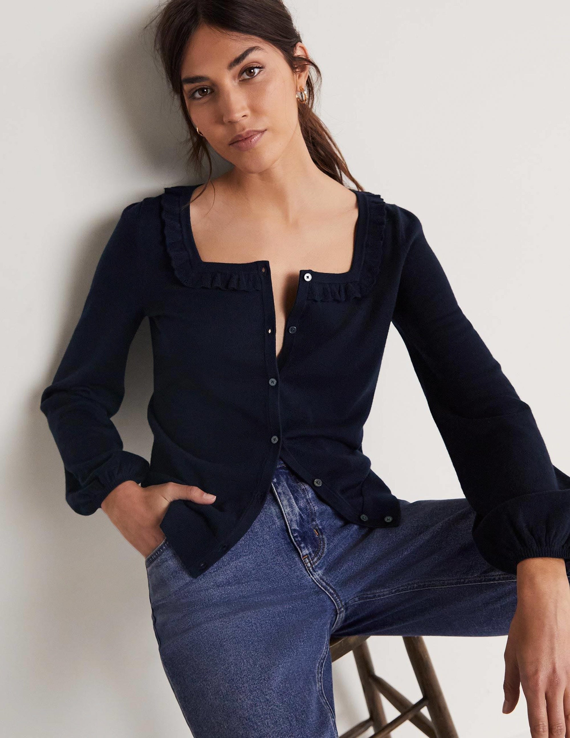 Square Neck Merino Cardigan-Navy - Image 1