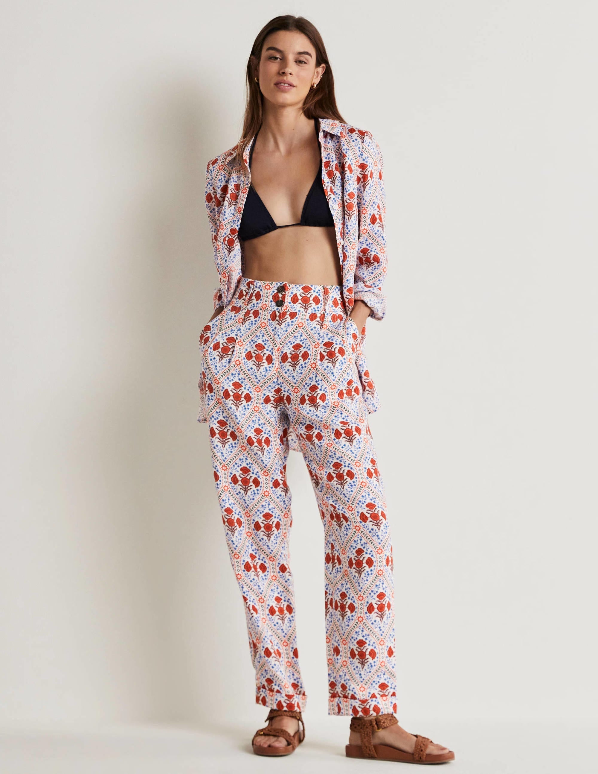 Turn Up Linen Trousers-Ivory, Poppy Bloom - Image 1