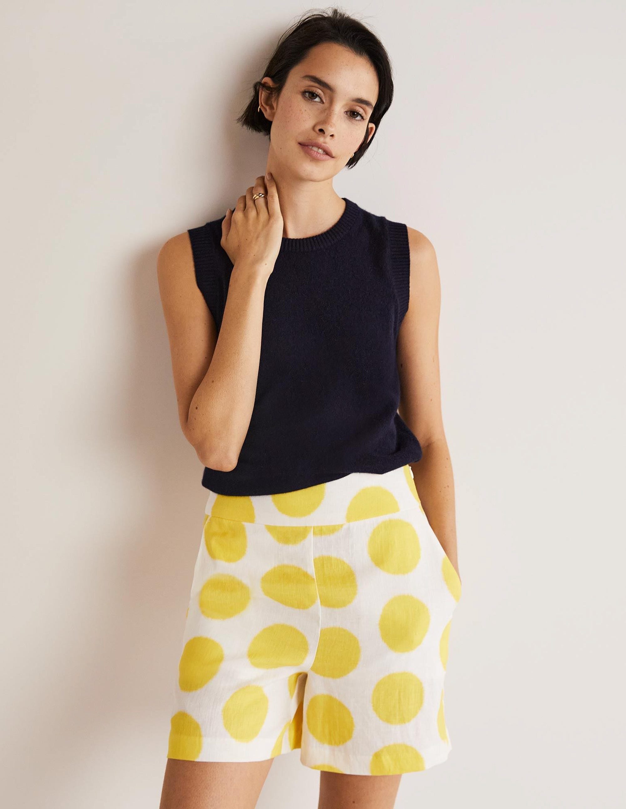 Georgina Linen Shorts-Lemon Fizz, Ikat Spot - Image 1