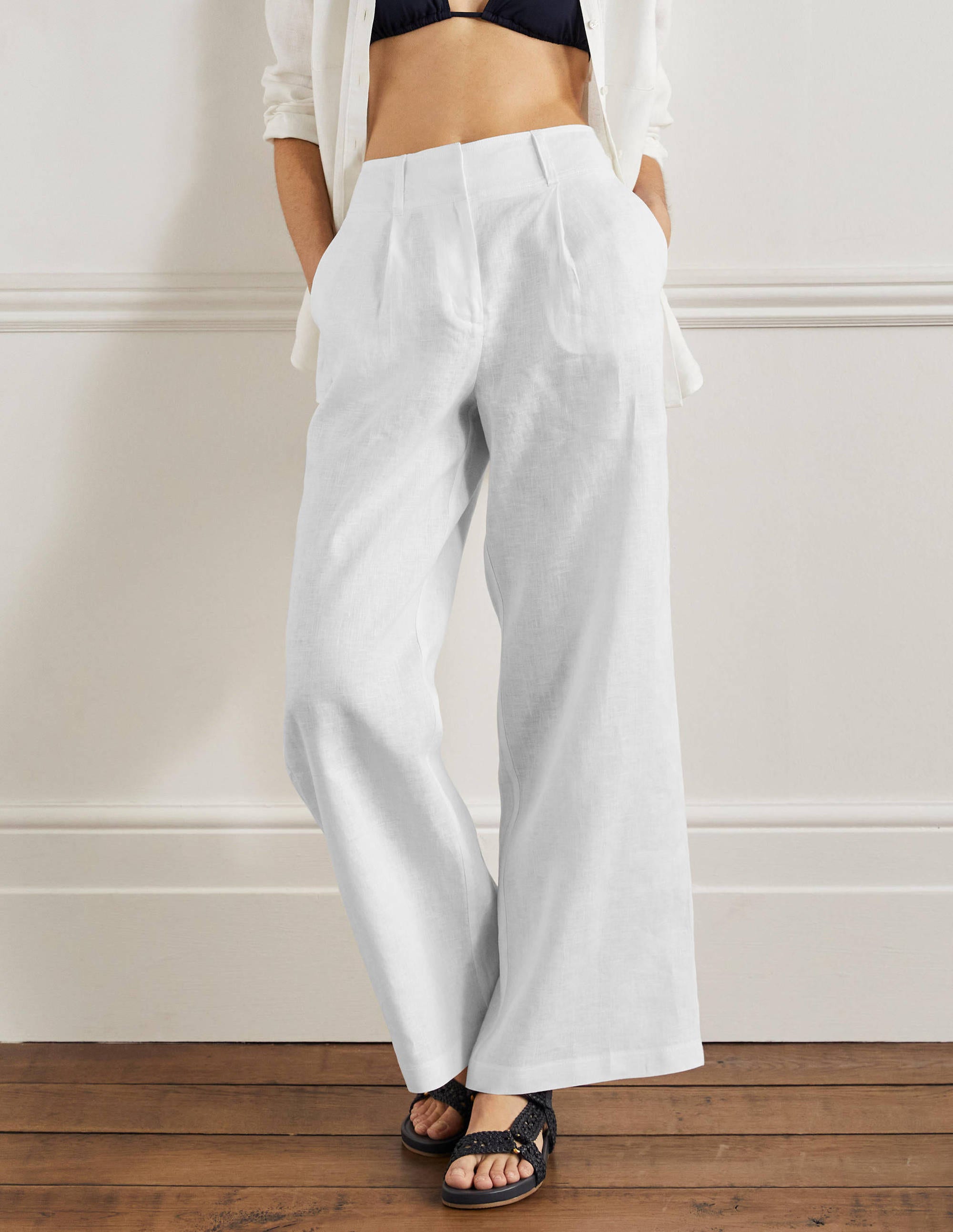 Wide Leg Linen Trousers-White - Image 4