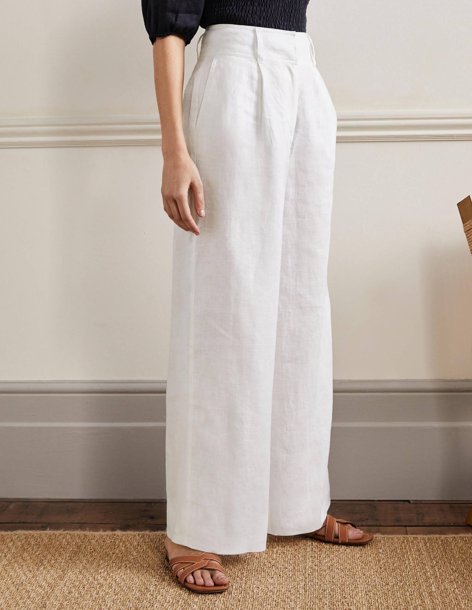Wide Leg Linen Trousers-White-5