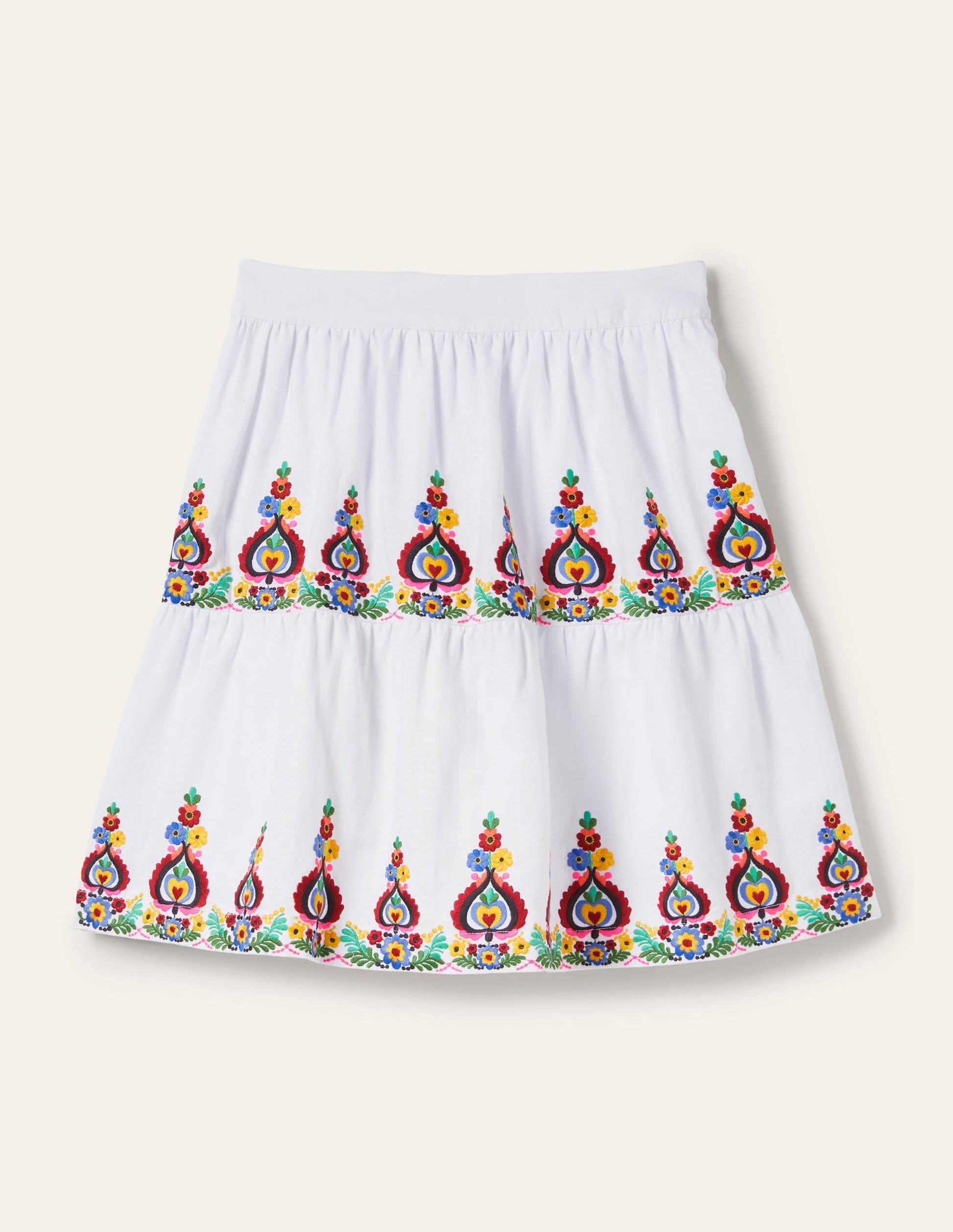 Embroidered Linen Mini Skirt-White Embroidered-5