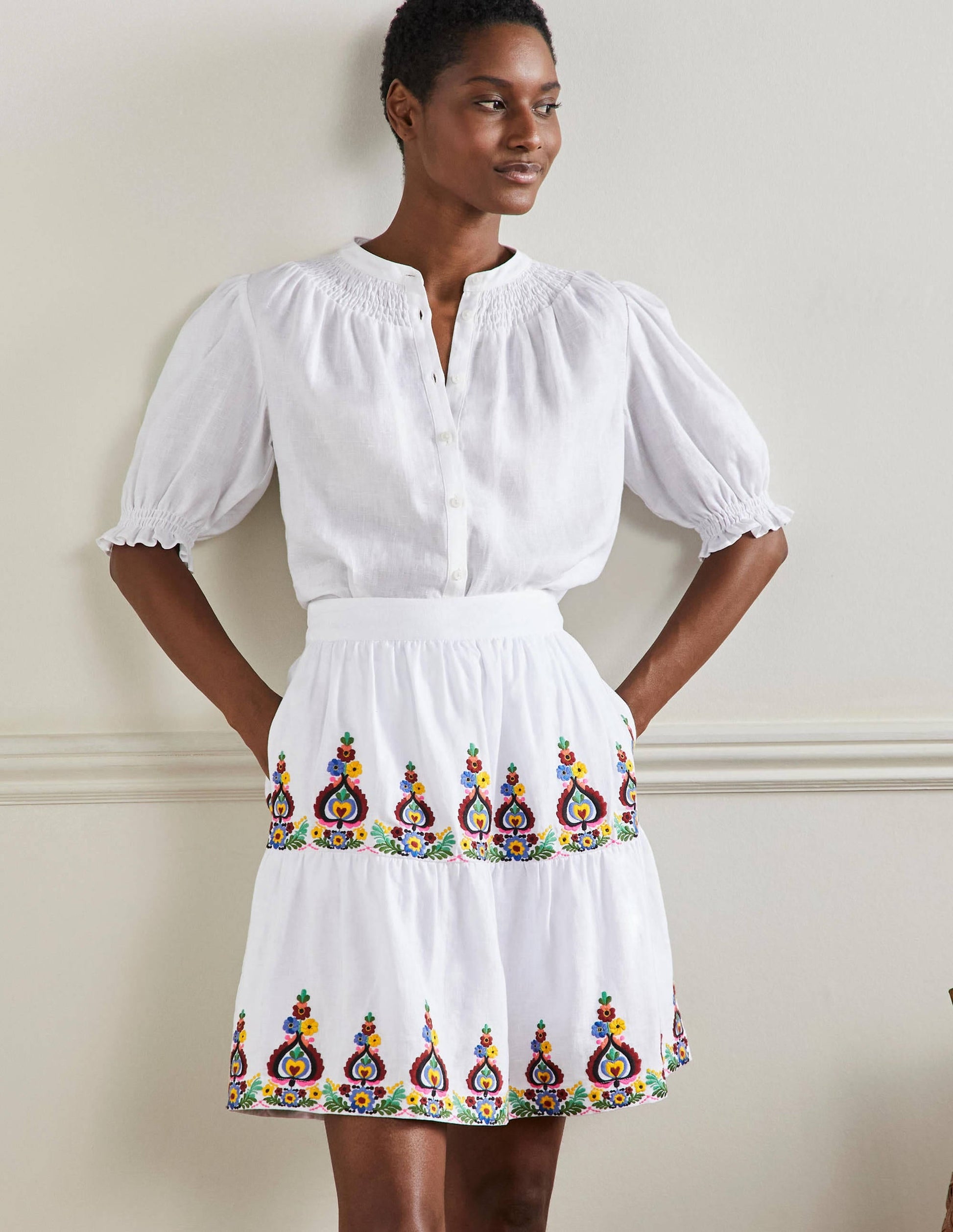 Embroidered Linen Mini Skirt-White Embroidered-1