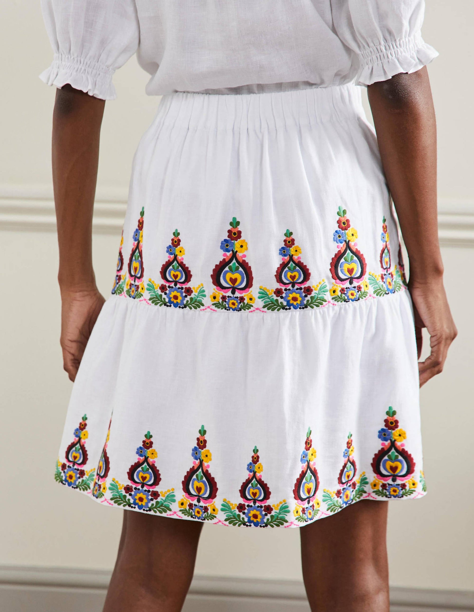 Embroidered Linen Mini Skirt-White Embroidered-3