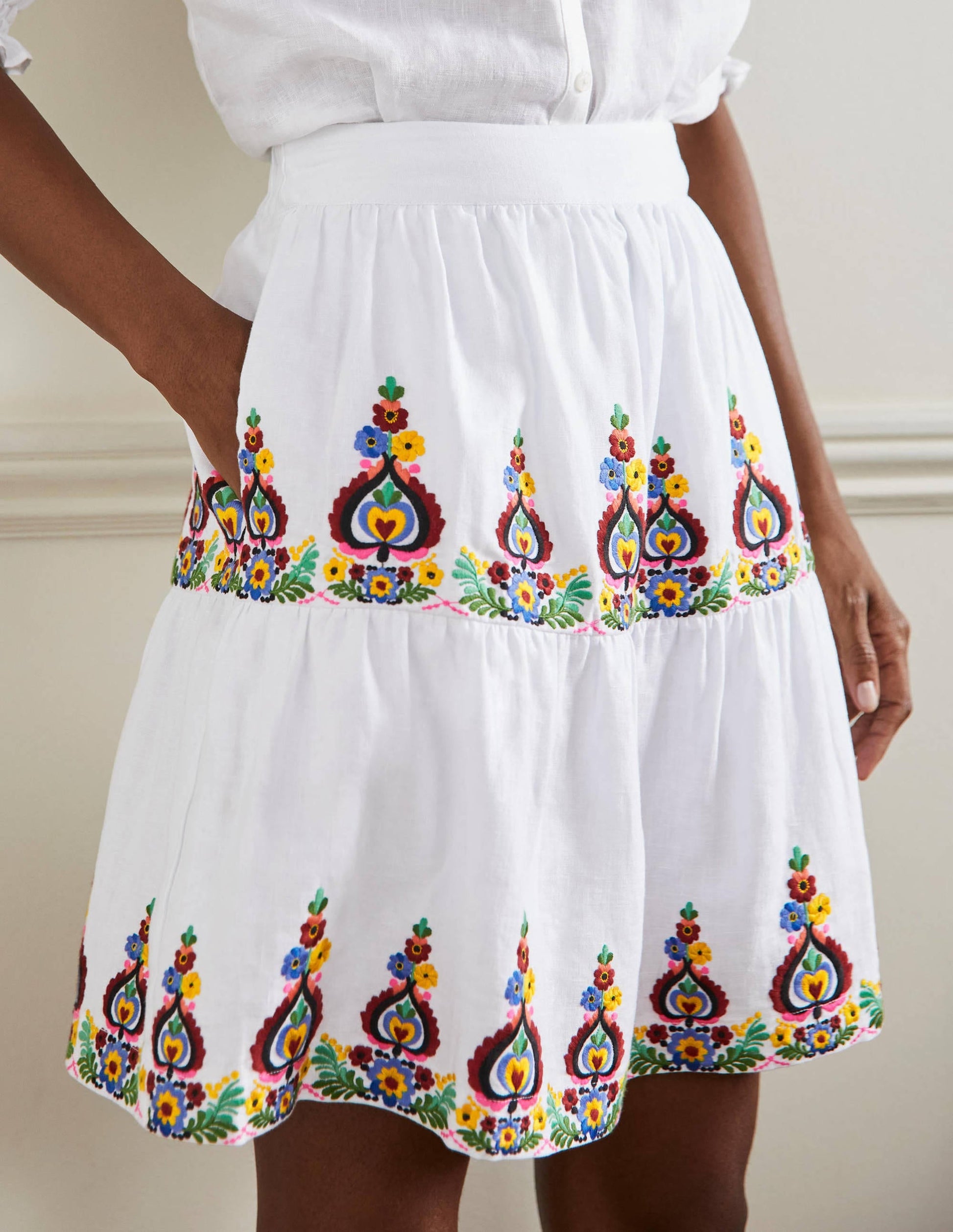 Embroidered Linen Mini Skirt-White Embroidered-4