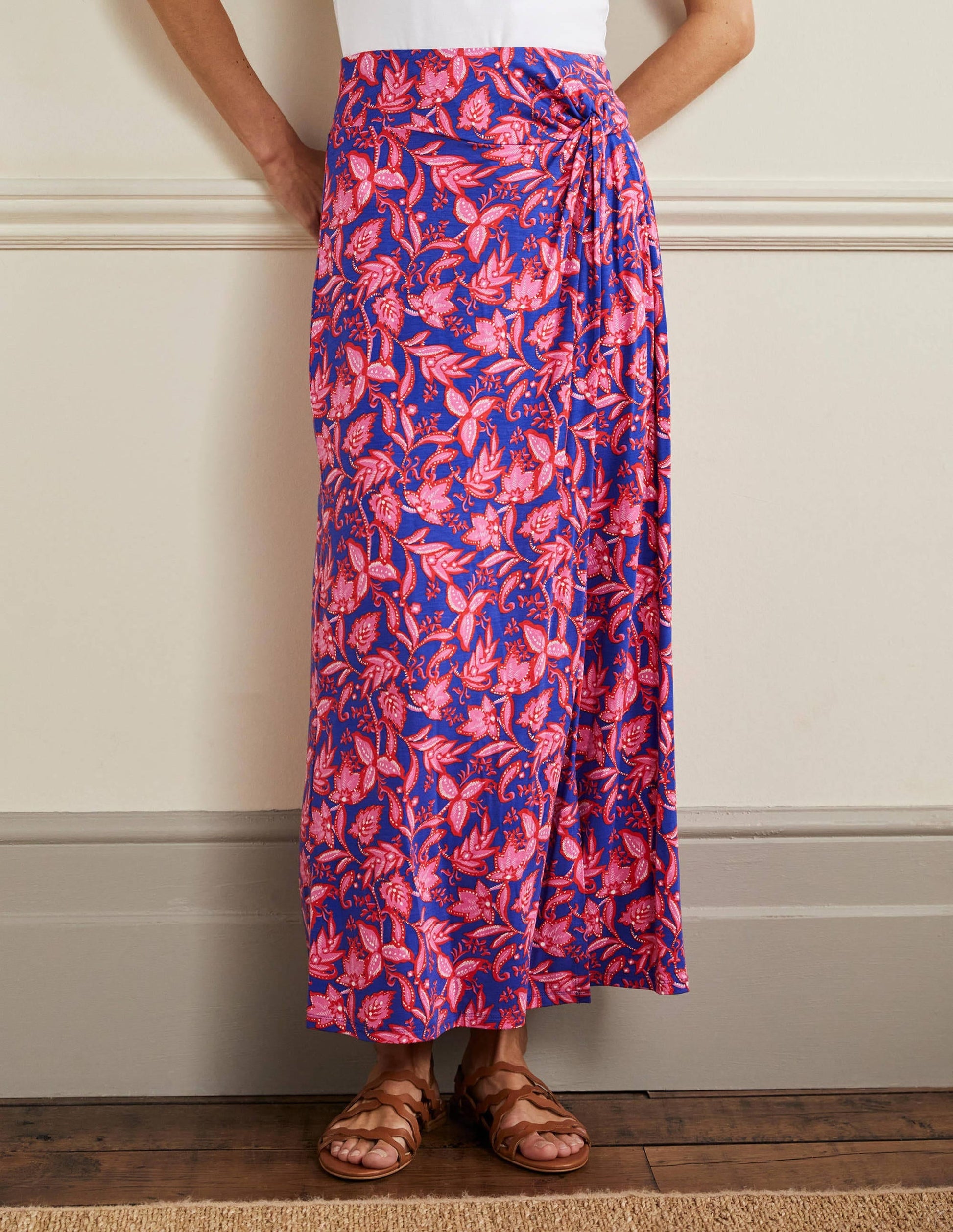 Knot Waist Jersey Midi Skirt-Strawberry Daiquiri, Flora-4