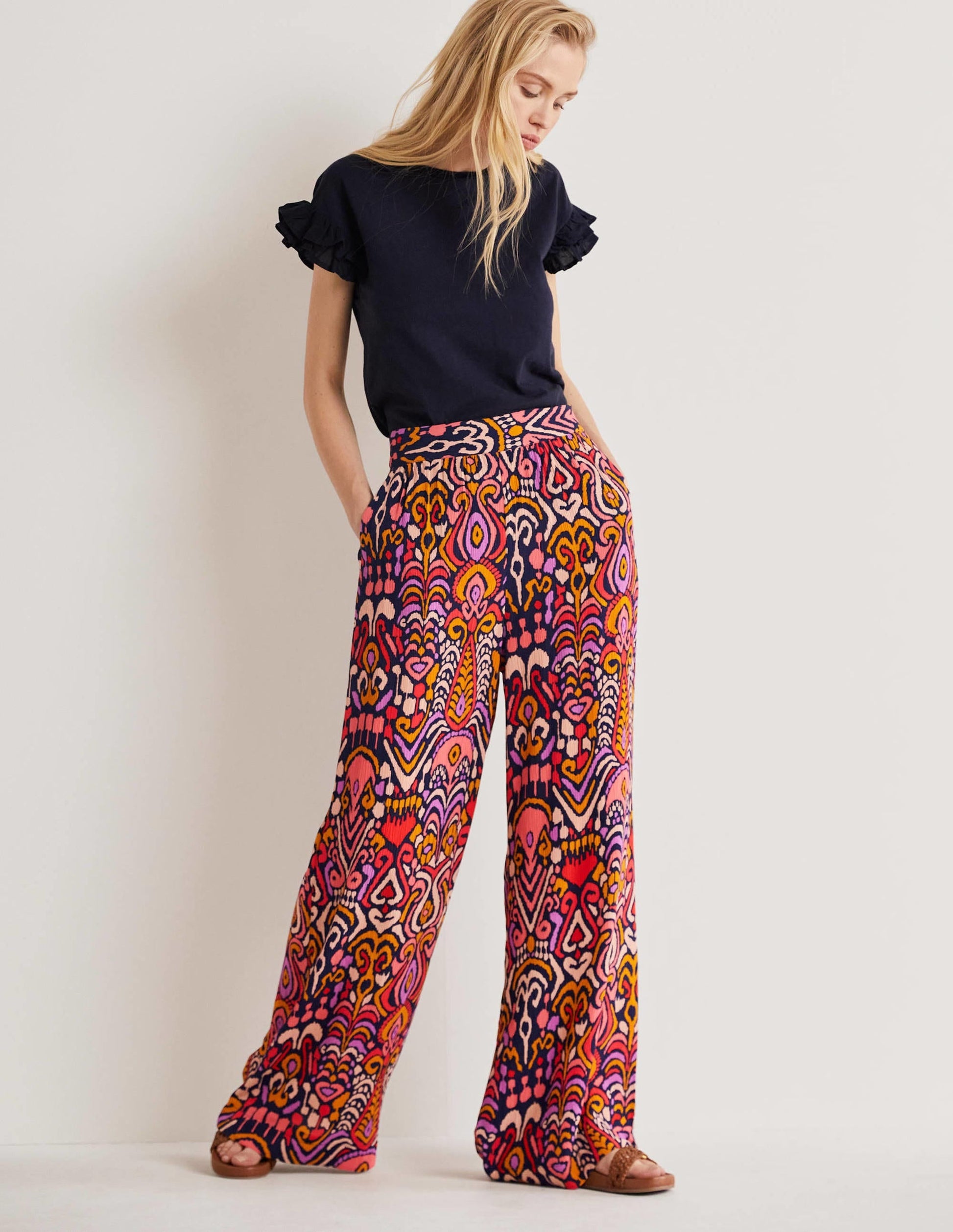 Grace Crinkle Wide Leg Trouser-French Navy, Ikat Charm-1