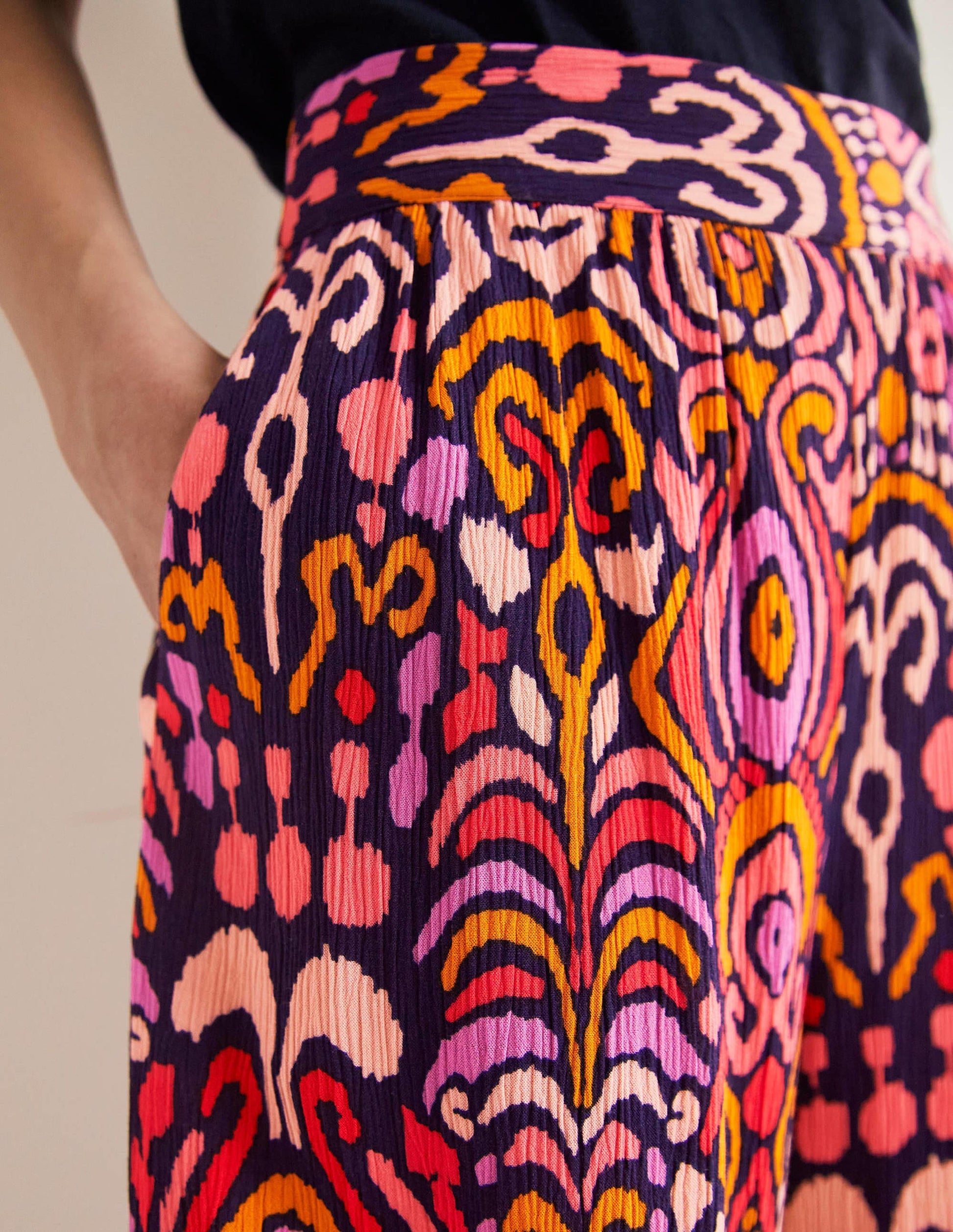Grace Crinkle Wide Leg Trouser-French Navy, Ikat Charm-2