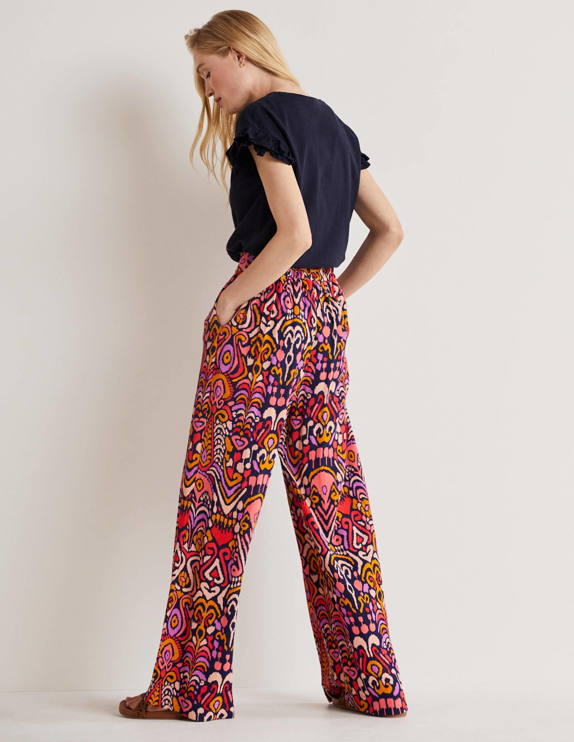 Grace Crinkle Wide Leg Trouser-French Navy, Ikat Charm - Image 3