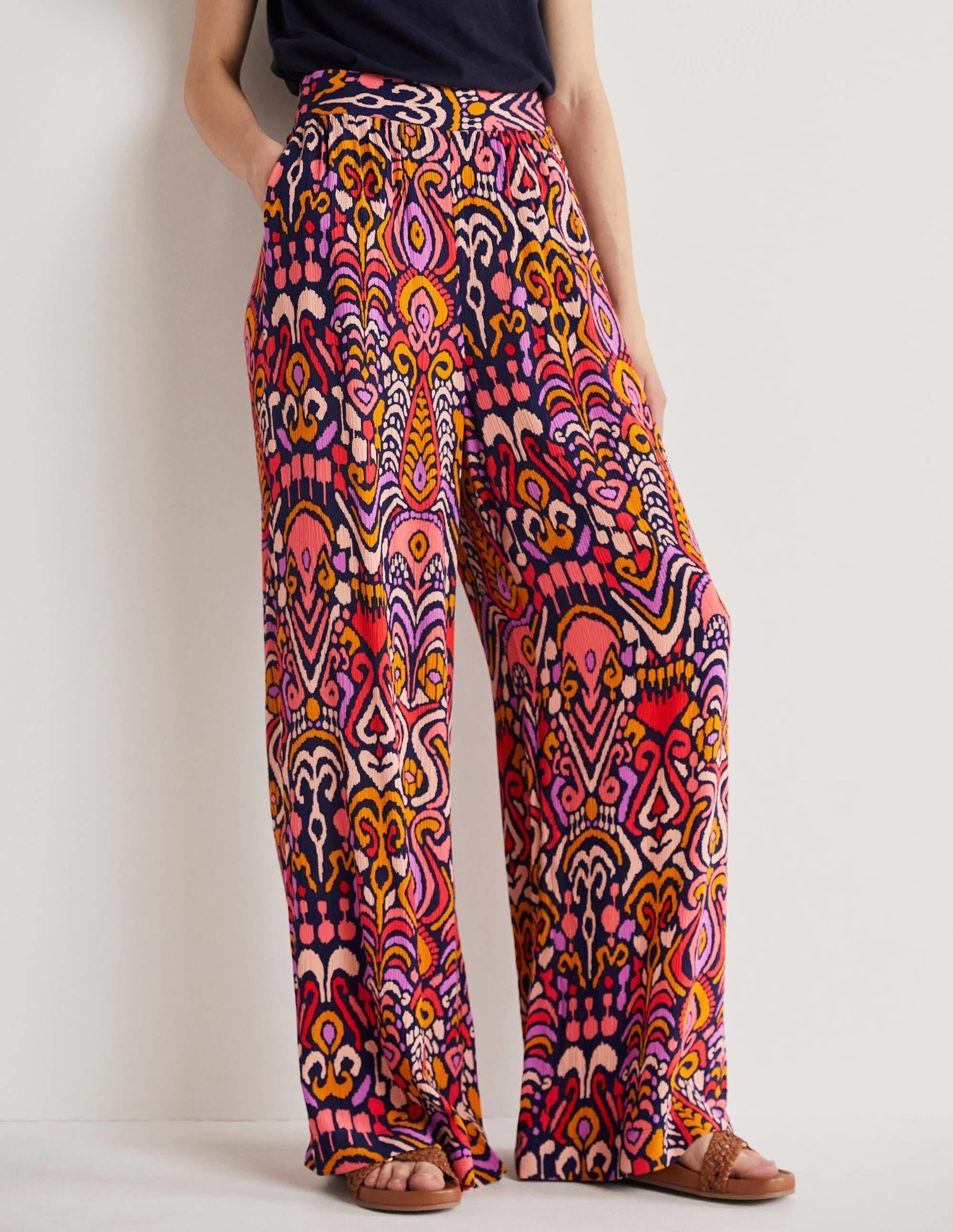 Grace Crinkle Wide Leg Trouser-French Navy, Ikat Charm - Image 4