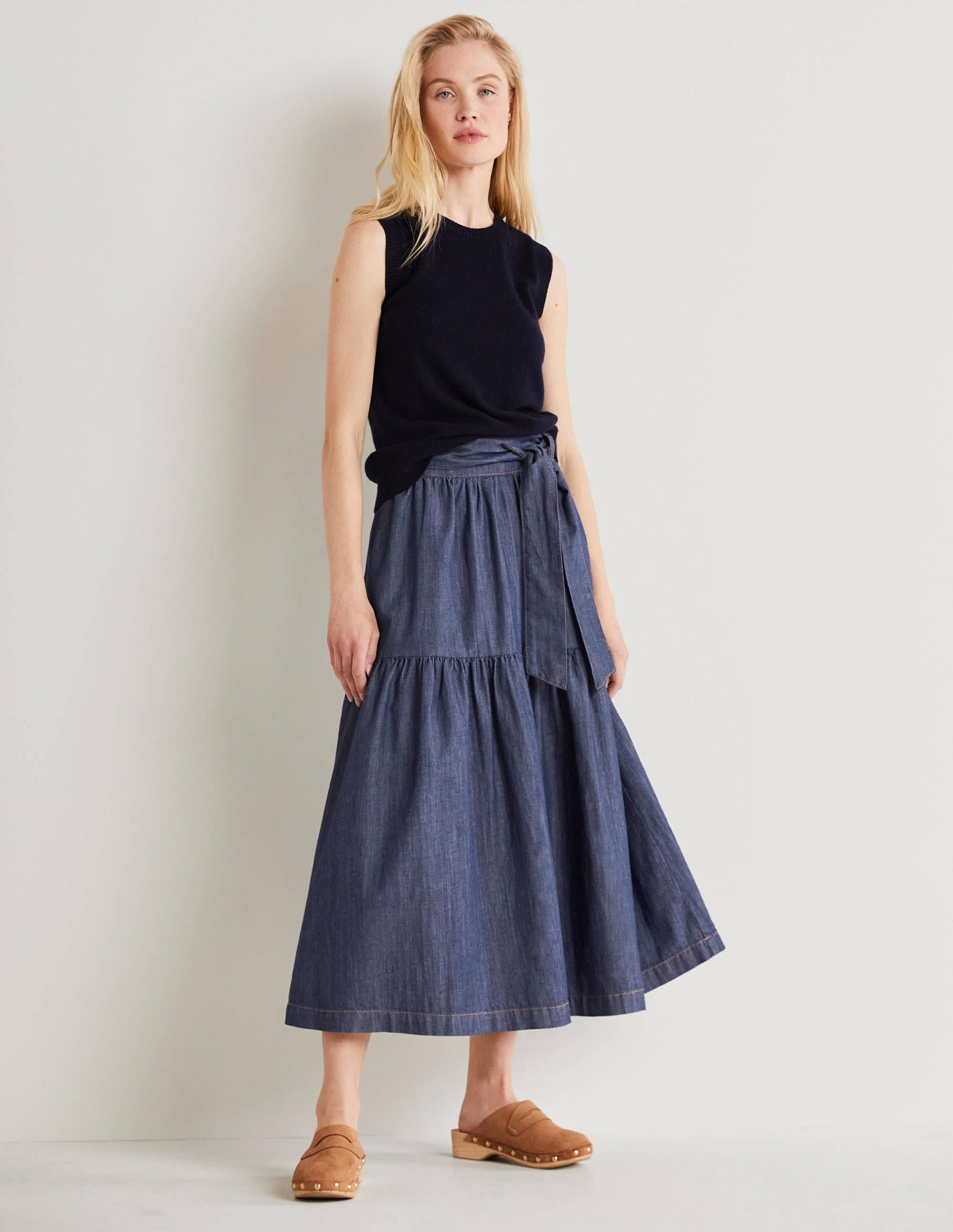 Tiered Belted Midi Skirt-Mid Vintage Denim - Image 1