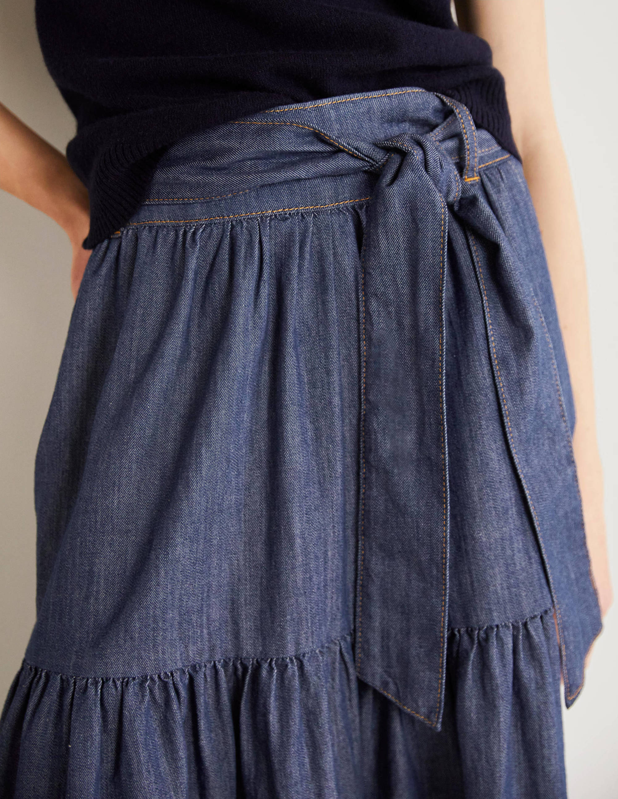 Tiered Belted Midi Skirt-Mid Vintage Denim - Image 2
