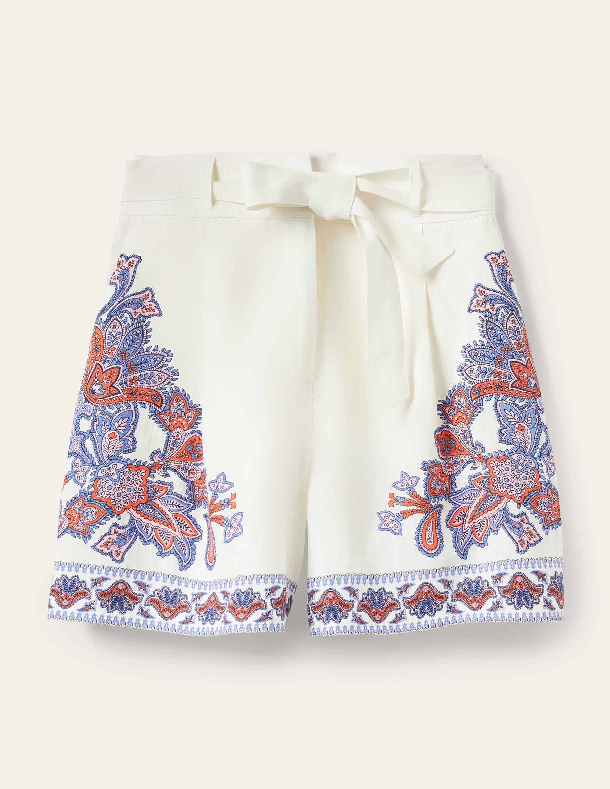 Alma Tie Waist Linen Shorts-Ivory, Paisley Bud - Image 6