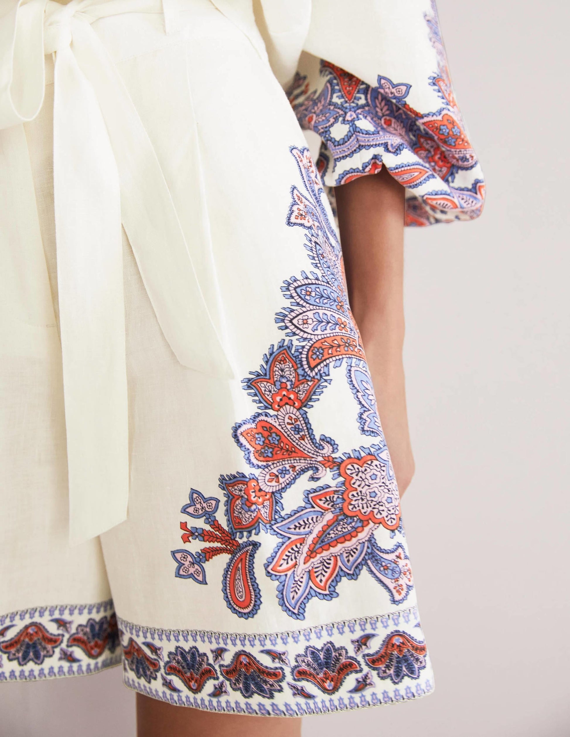 Alma Tie Waist Linen Shorts-Ivory, Paisley Bud-2