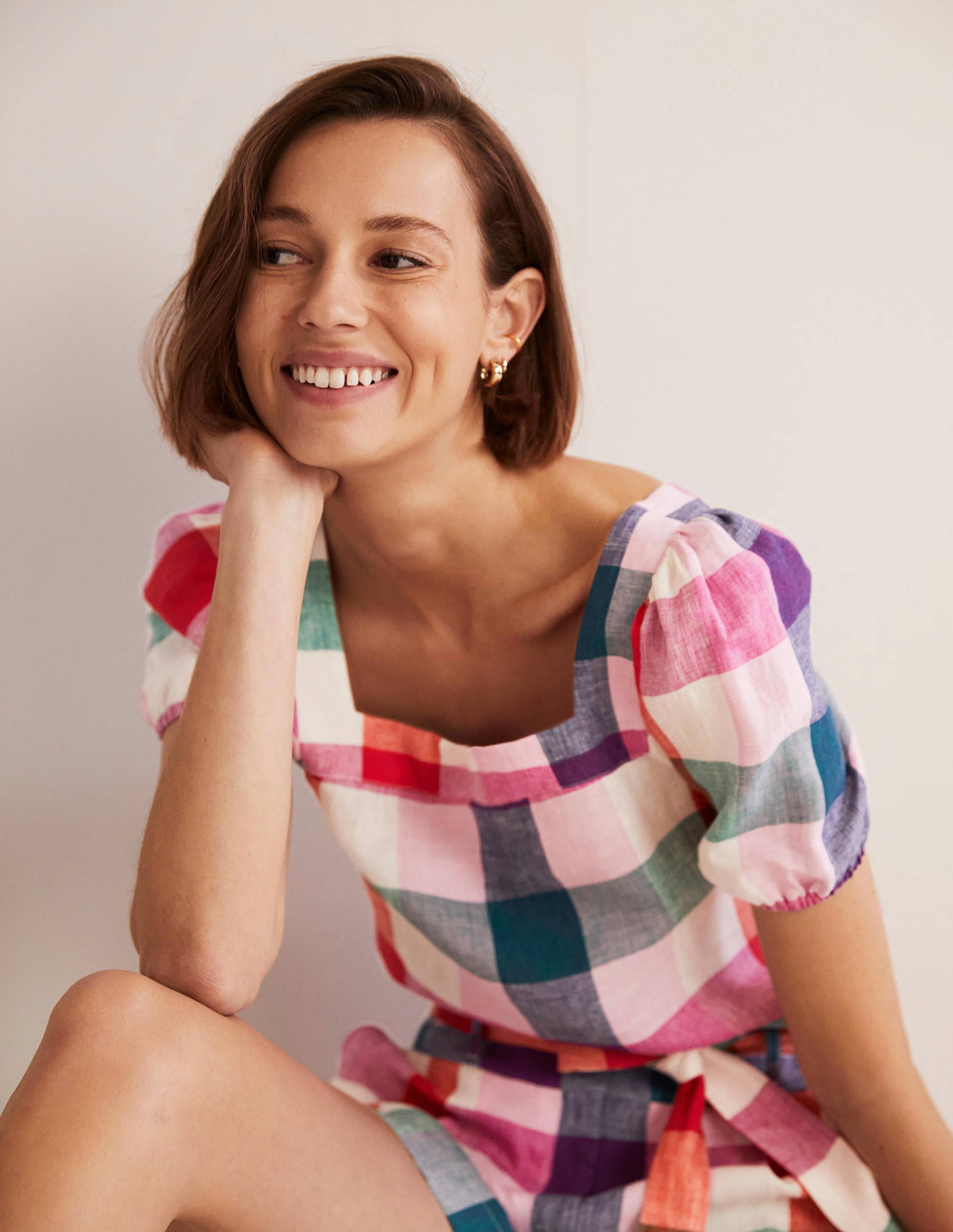 Square Neck Linen Top-Bon Bon/ Pink Flambe Check - Image 6
