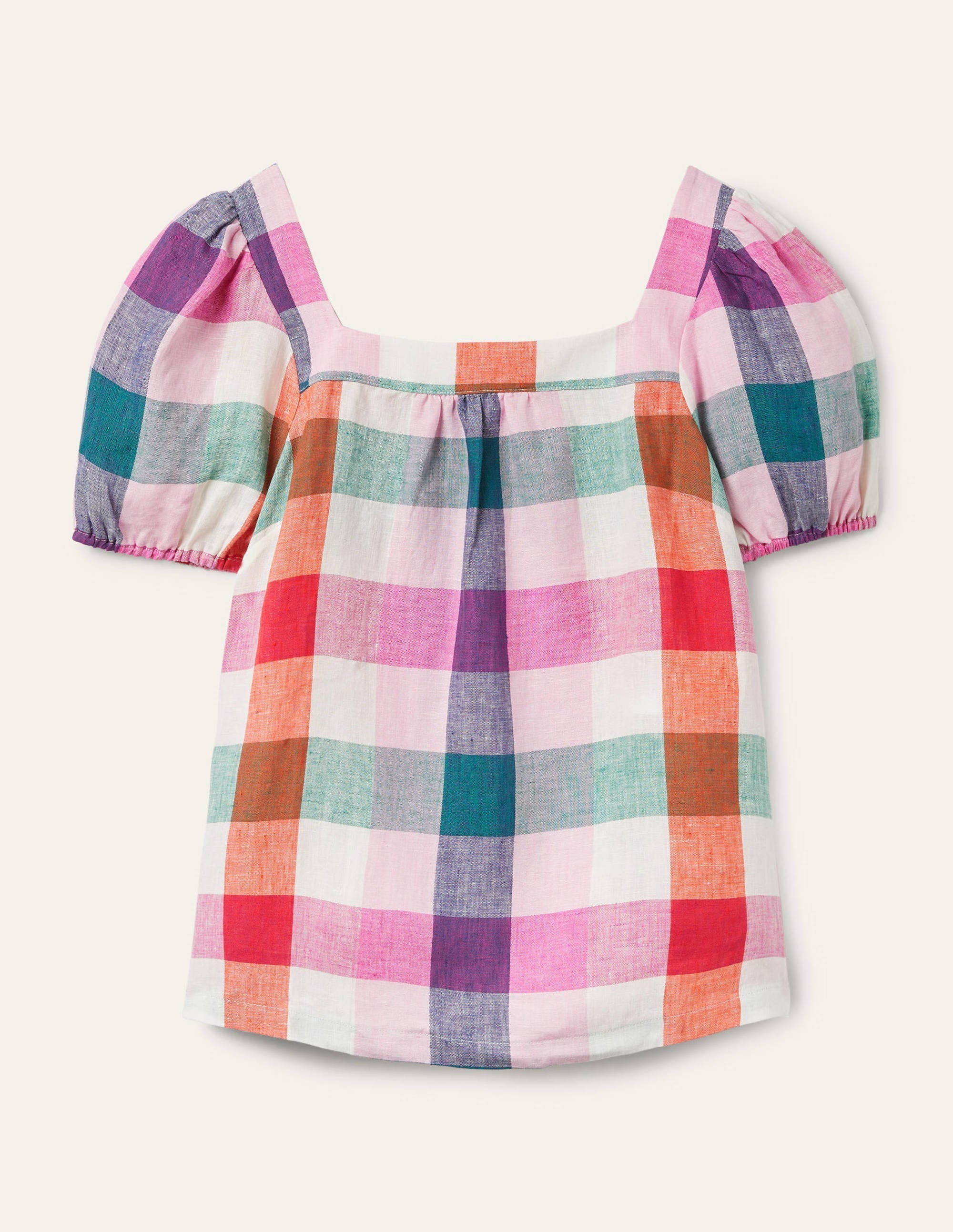 Square Neck Linen Top-Bon Bon/ Pink Flambe Check - Image 7