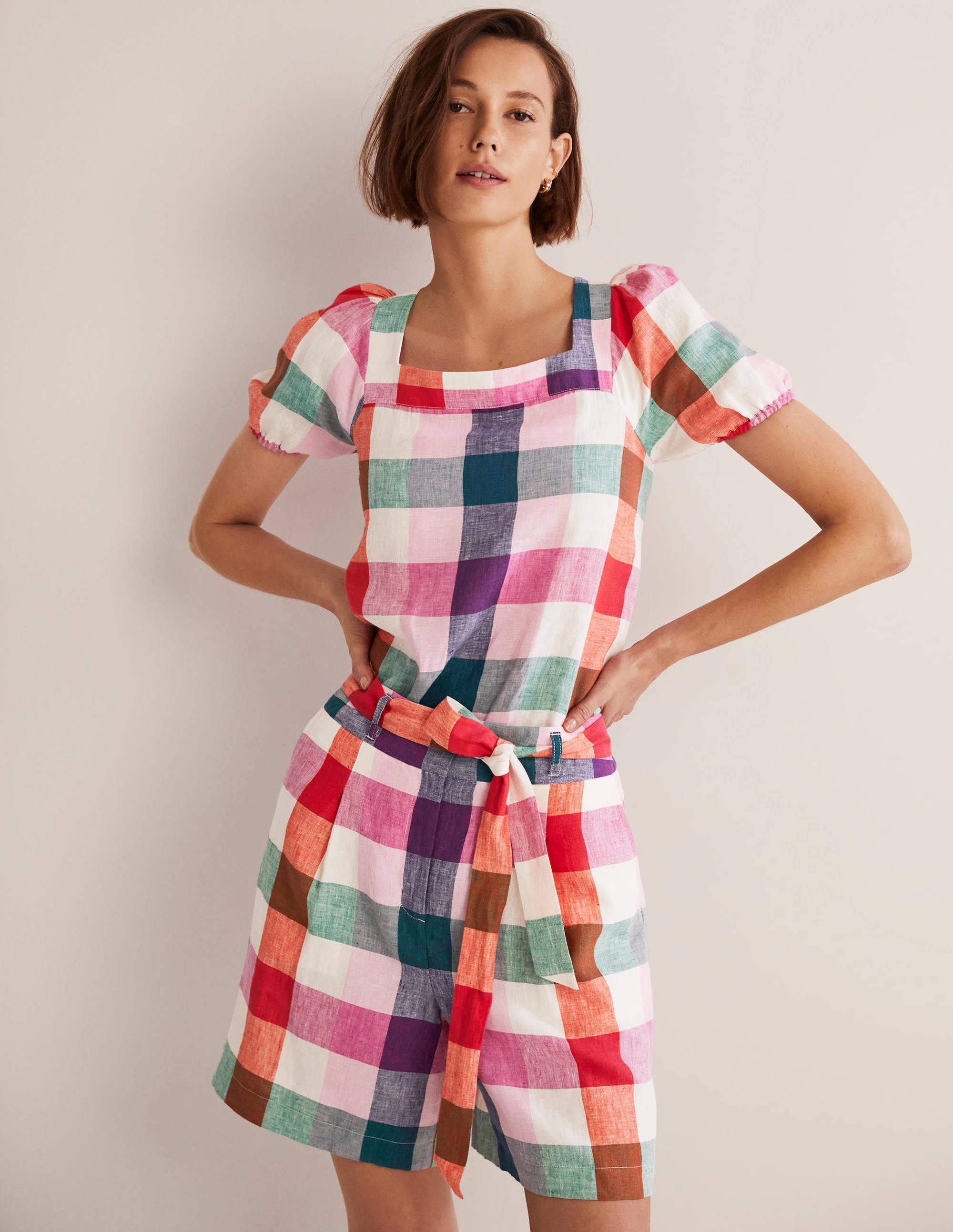 Square Neck Linen Top-Bon Bon/ Pink Flambe Check - Image 2