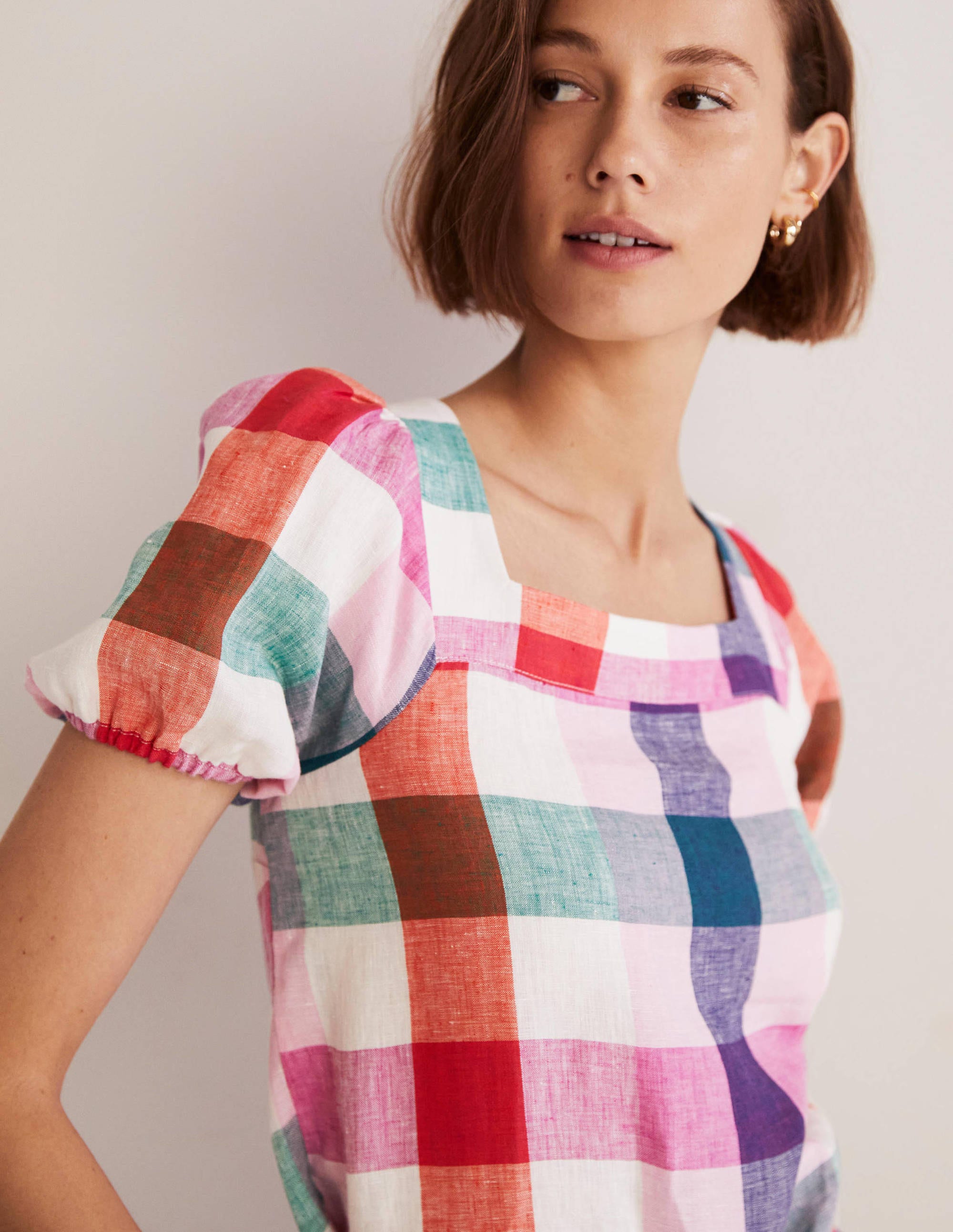 Square Neck Linen Top-Bon Bon/ Pink Flambe Check - Image 3