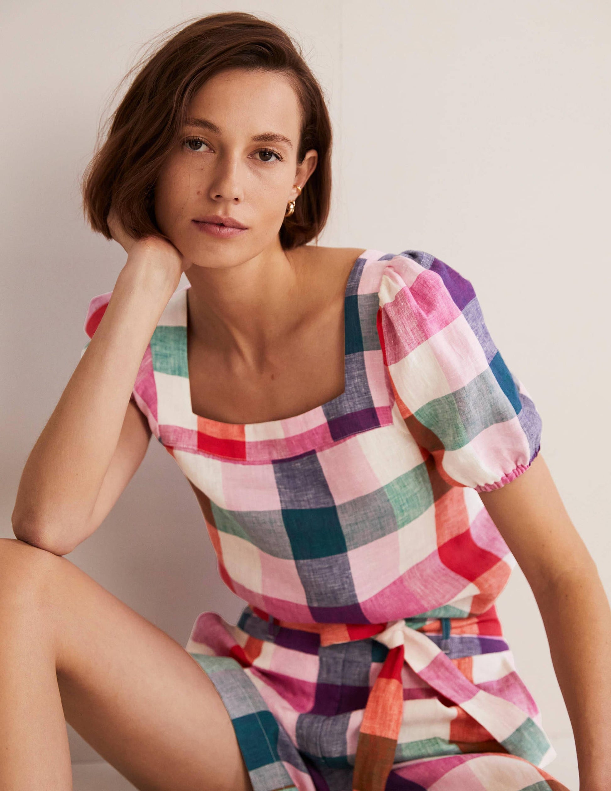 Square Neck Linen Top-Bon Bon/ Pink Flambe Check-4