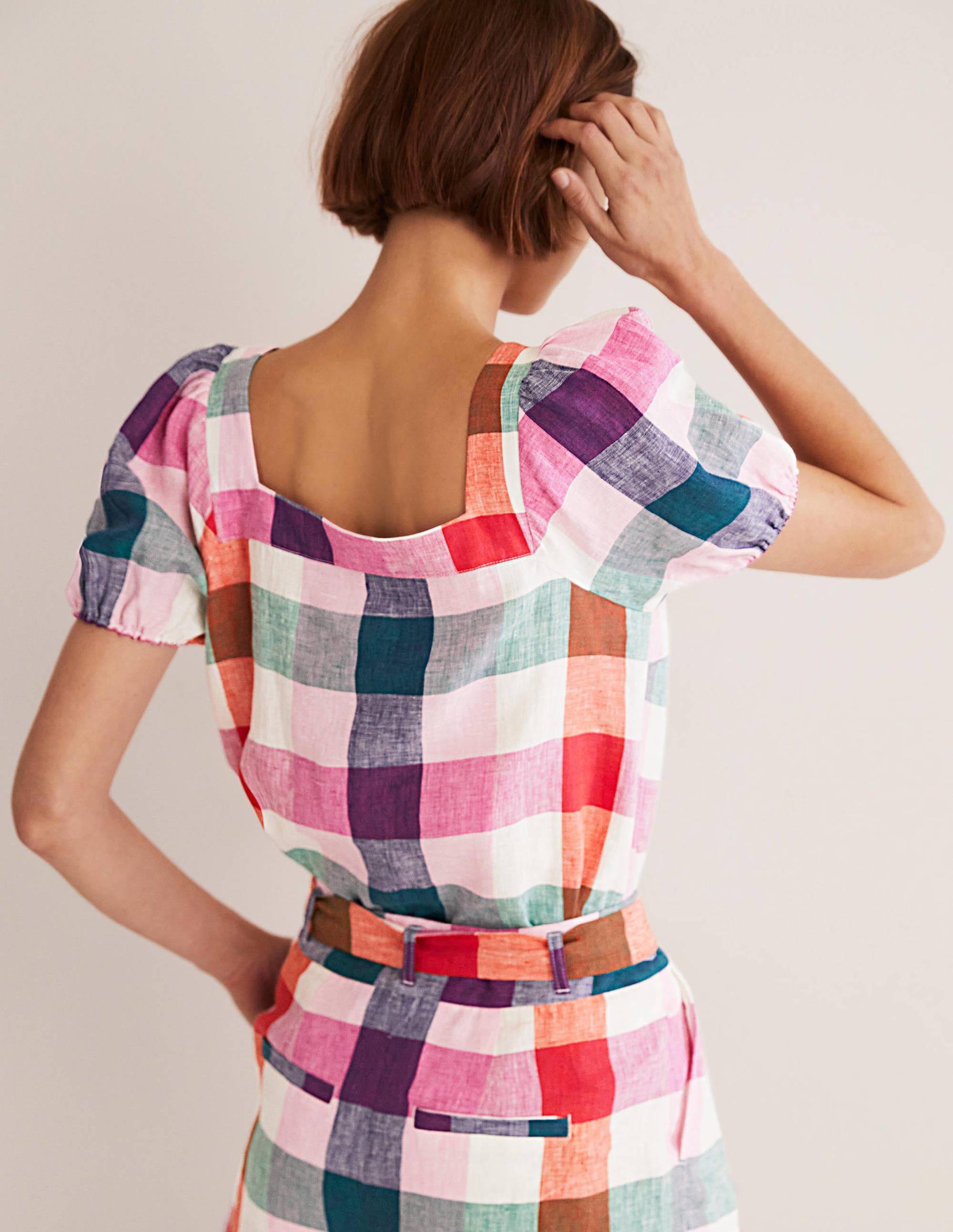 Square Neck Linen Top-Bon Bon/ Pink Flambe Check - Image 5