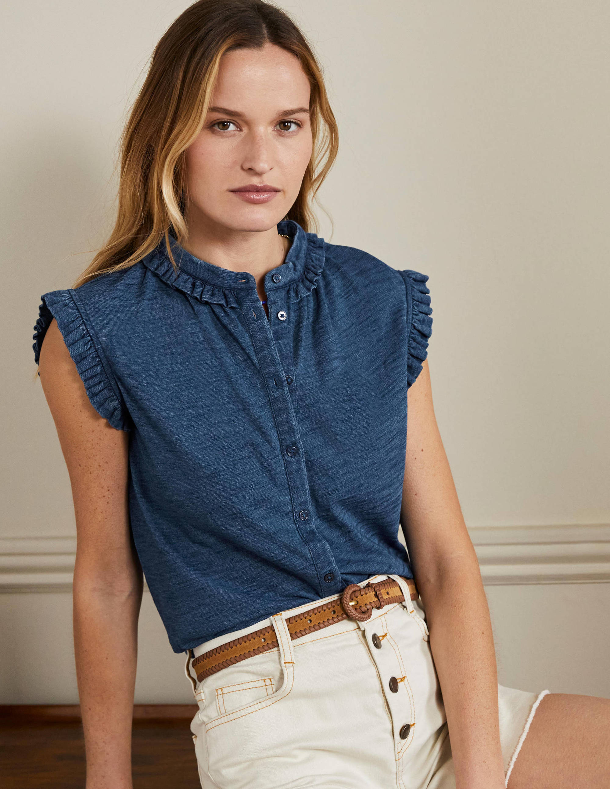 Daphne Frilly Sleeveless Shirt-Mid Indigo - Image 1
