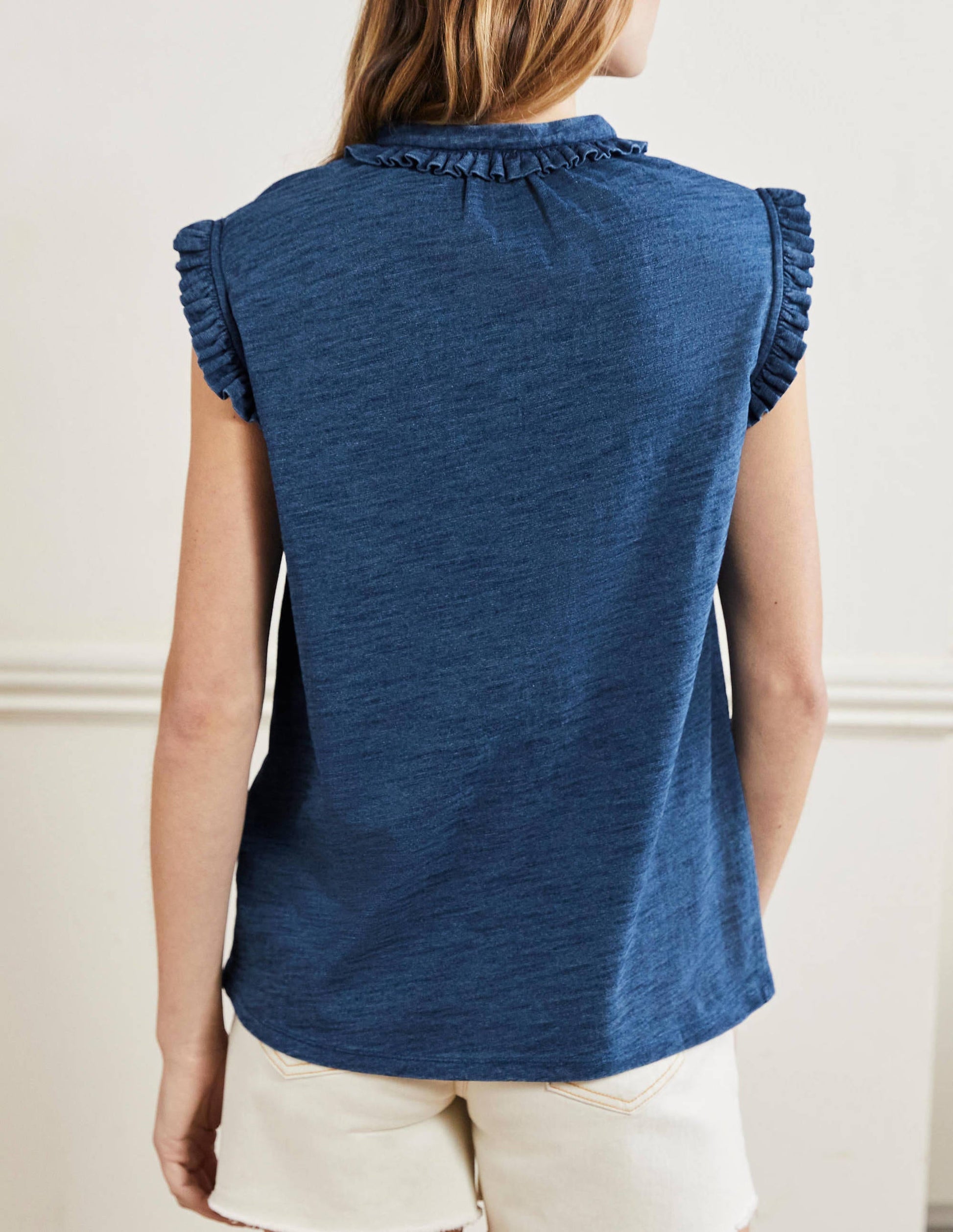Daphne Frilly Sleeveless Shirt-Mid Indigo-3