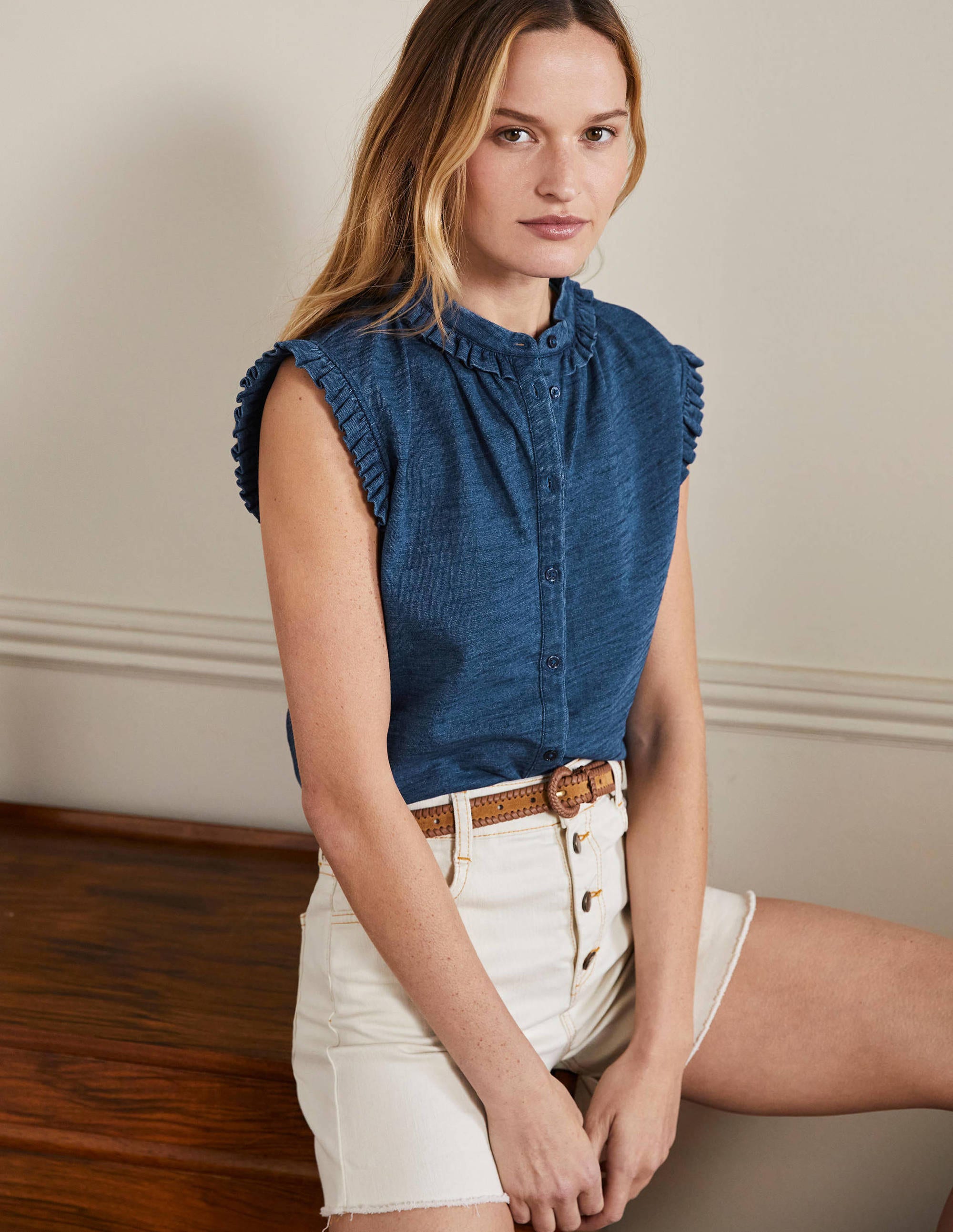 Daphne Frilly Sleeveless Shirt-Mid Indigo - Image 4