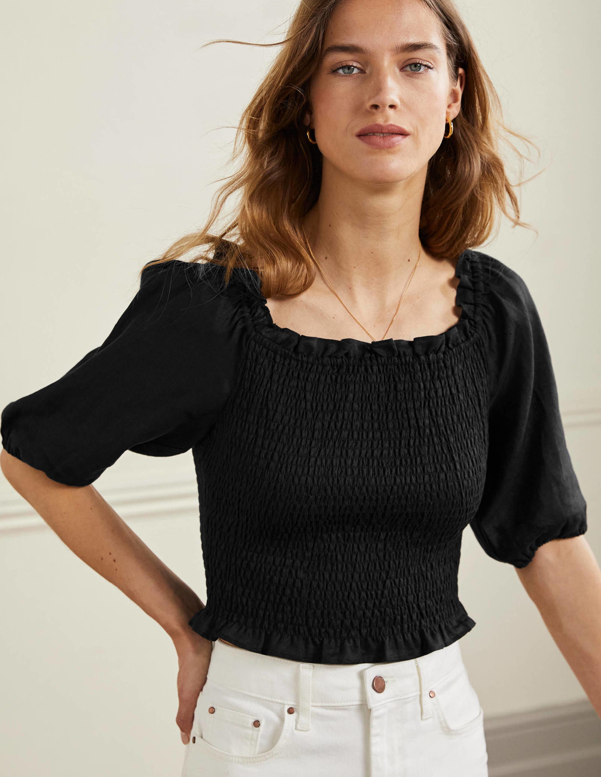 Carrie Smocked Linen Top-Black - Image 1