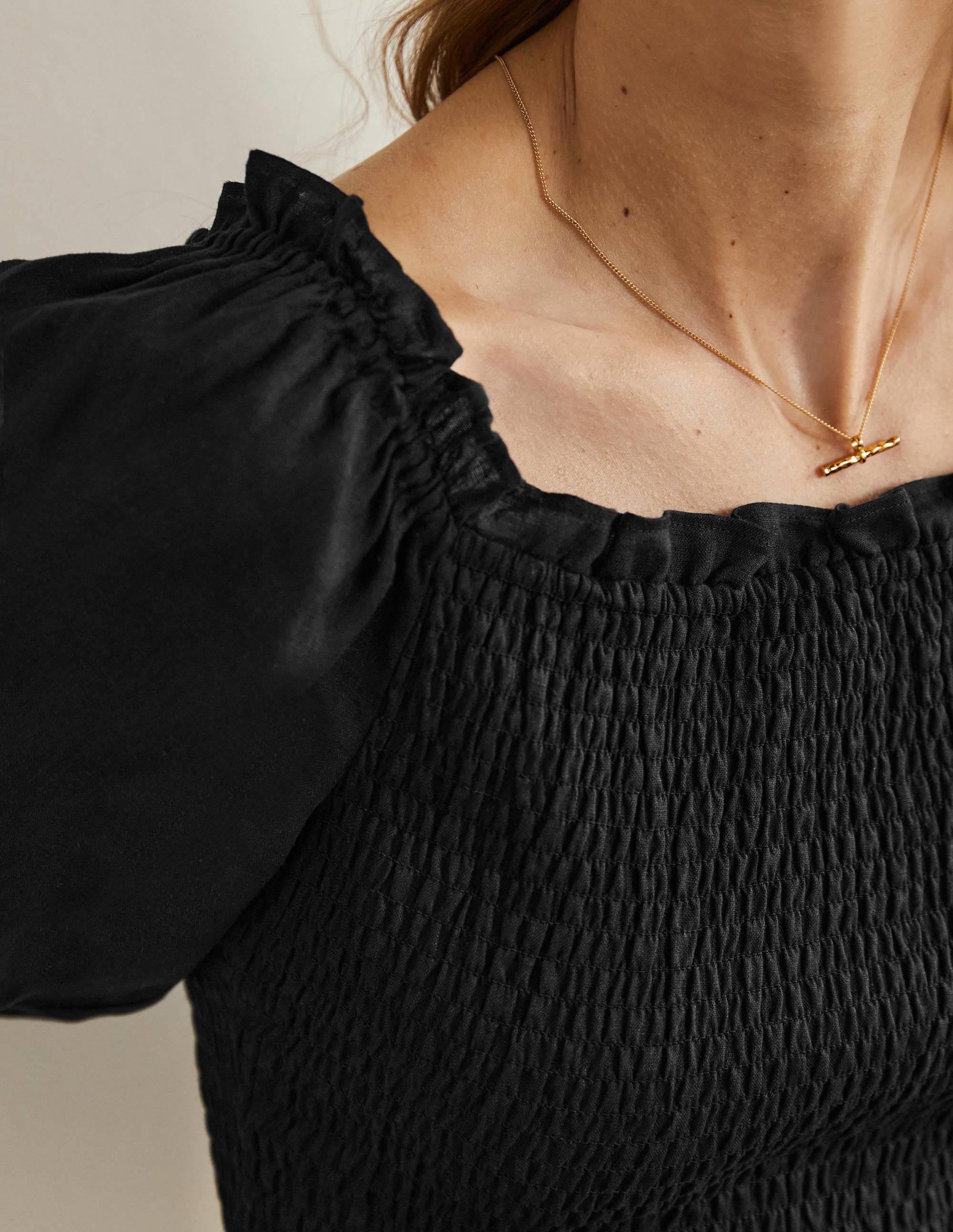 Carrie Smocked Linen Top-Black - Image 2