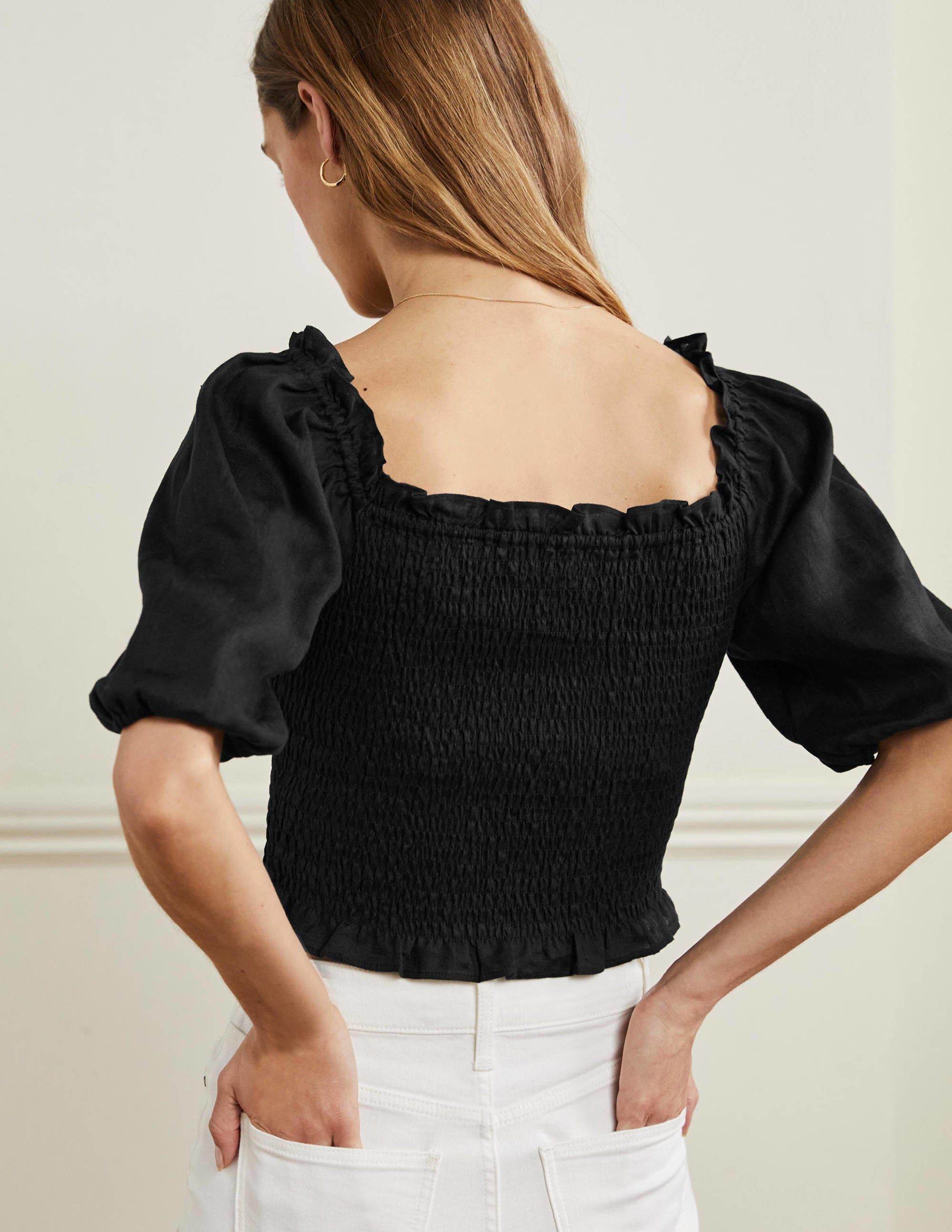 Carrie Smocked Linen Top-Black - Image 3