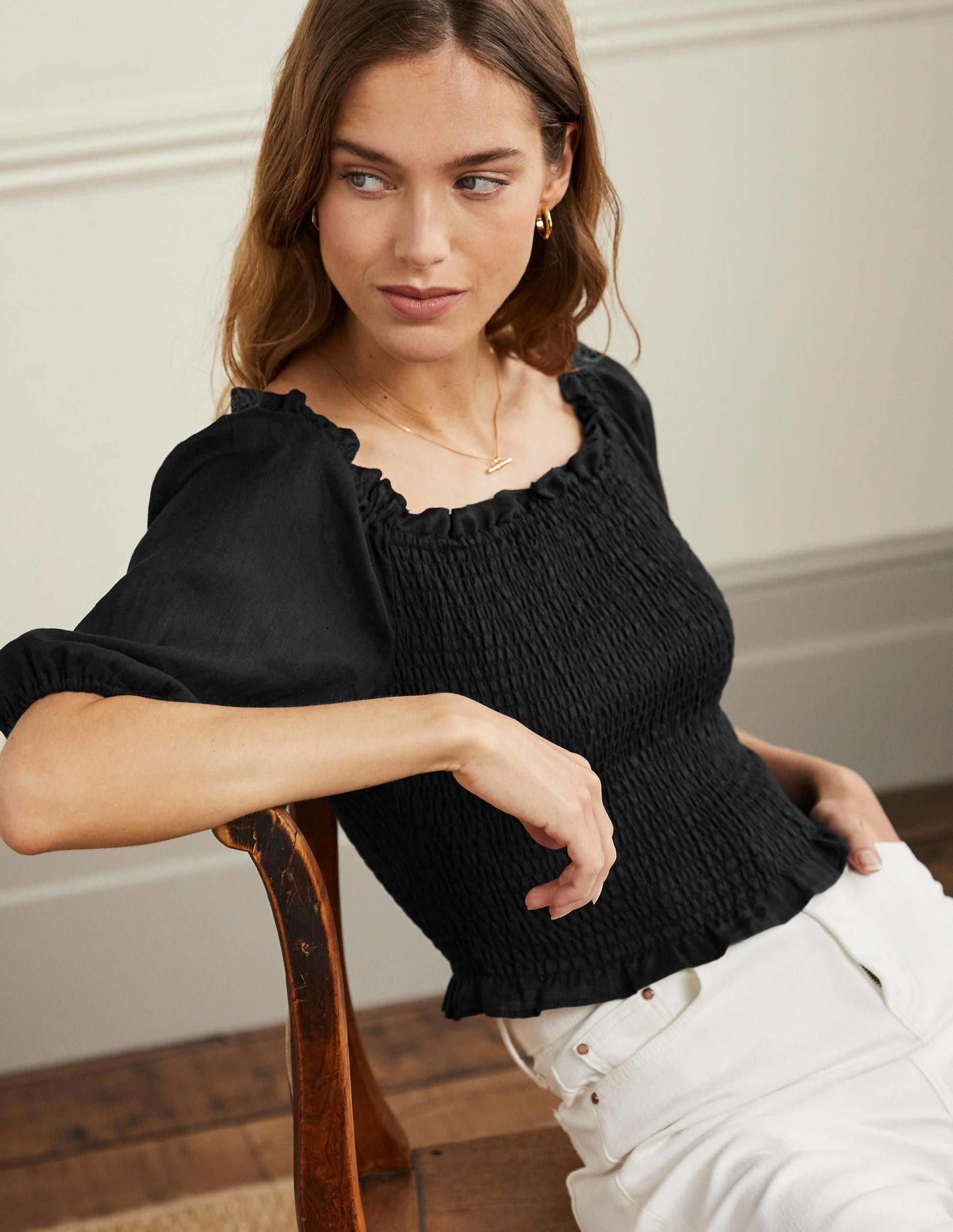 Carrie Smocked Linen Top-Black-4