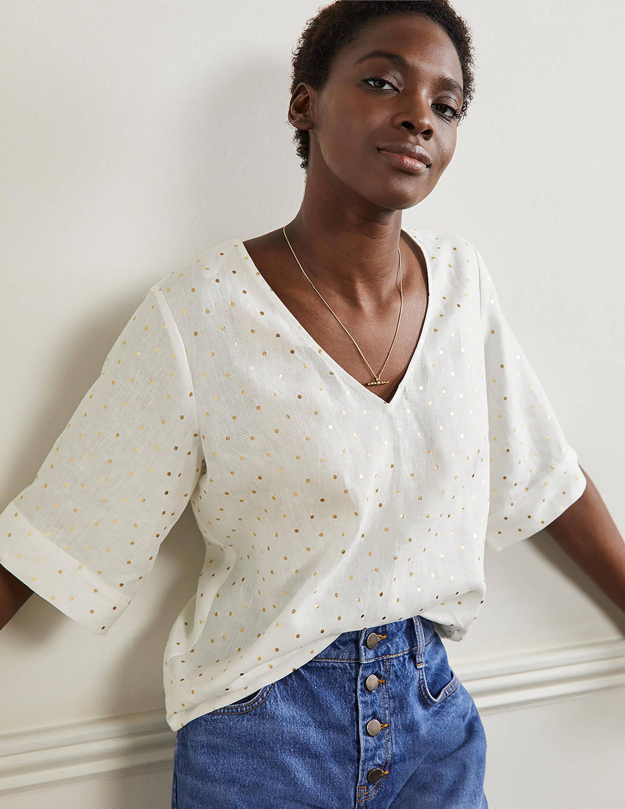Linen Wide Sleeve Top-Ivory, Gold Pin Dot - Image 1