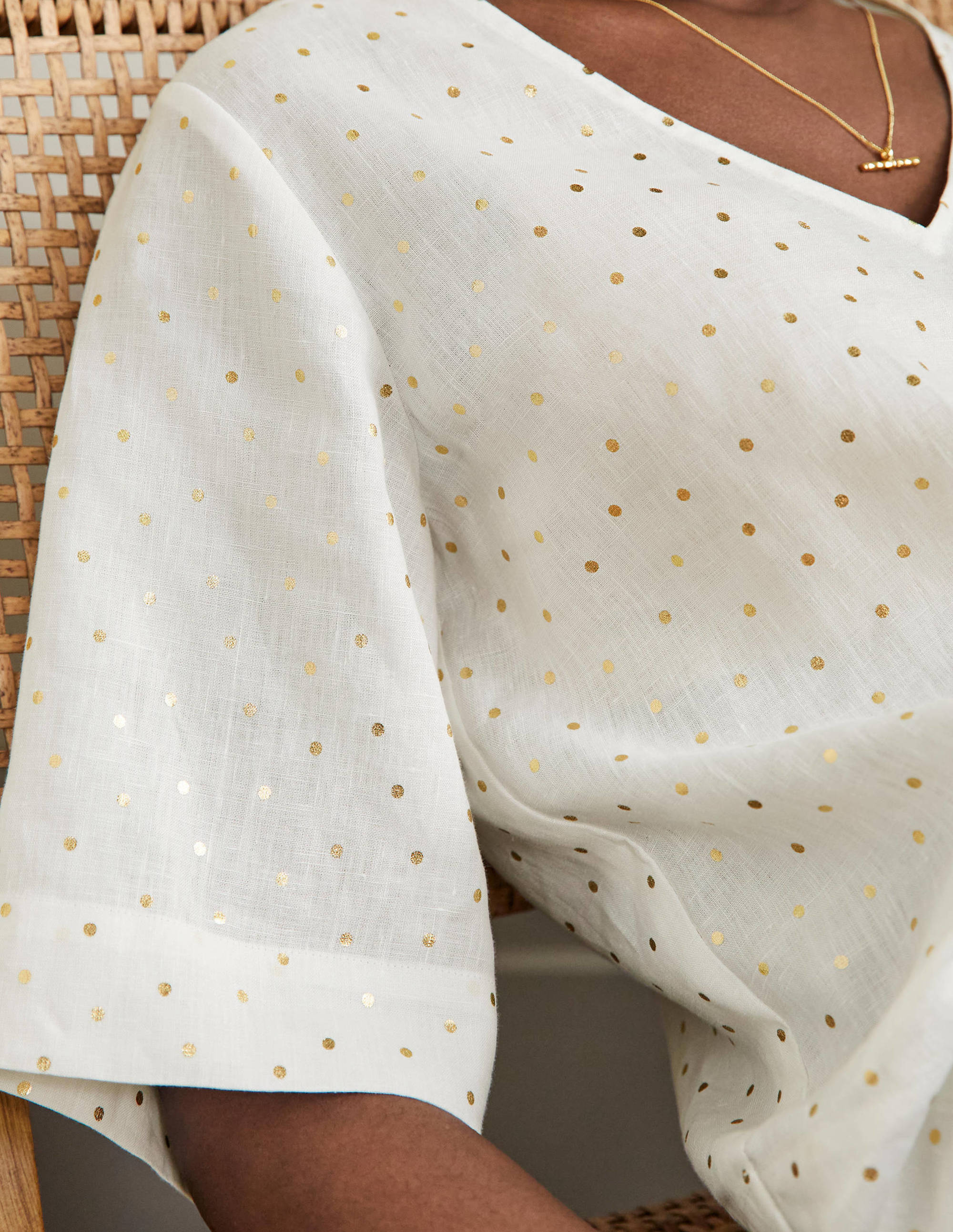 Linen Wide Sleeve Top-Ivory, Gold Pin Dot - Image 2