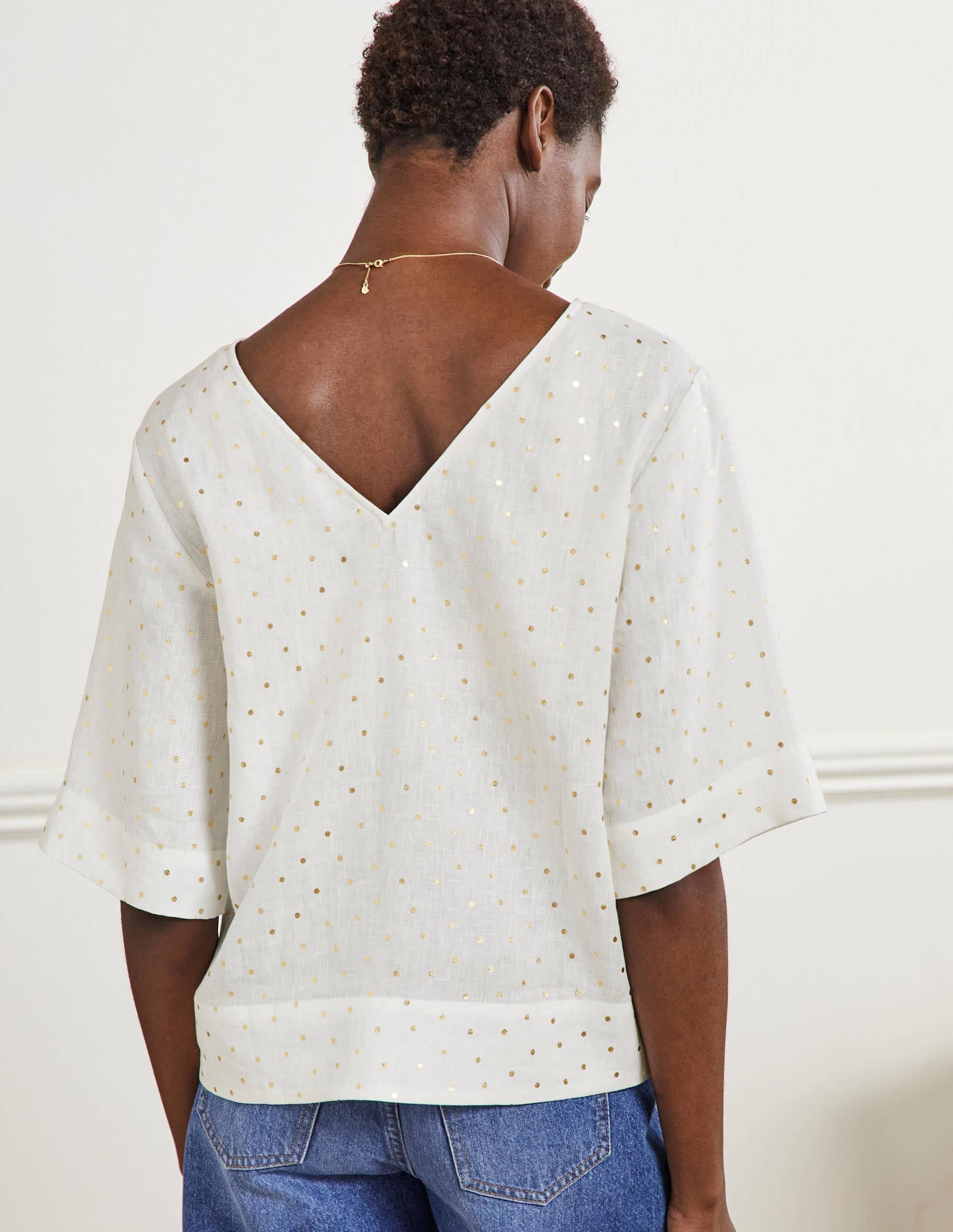 Linen Wide Sleeve Top-Ivory, Gold Pin Dot - Image 3