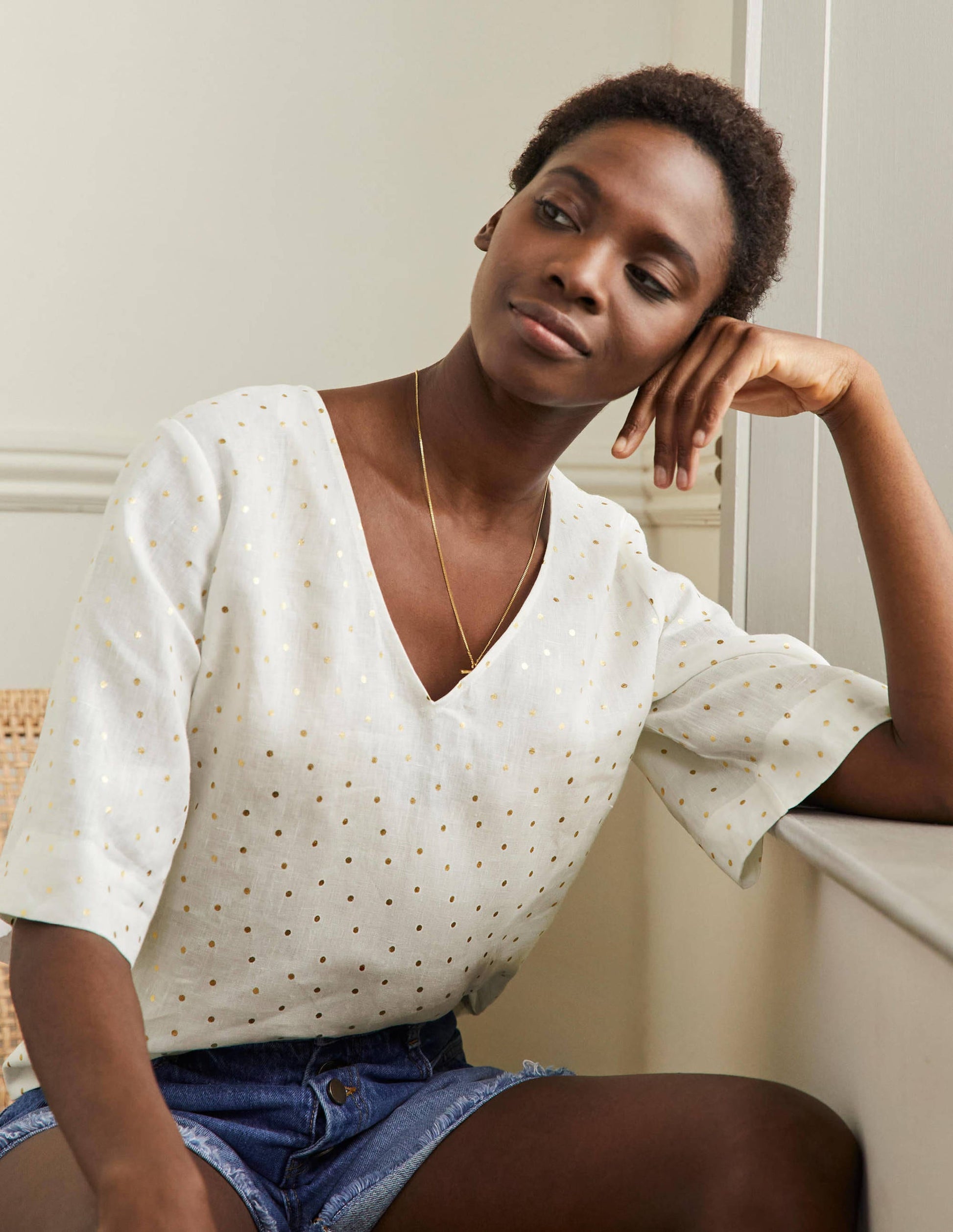 Linen Wide Sleeve Top-Ivory, Gold Pin Dot-4