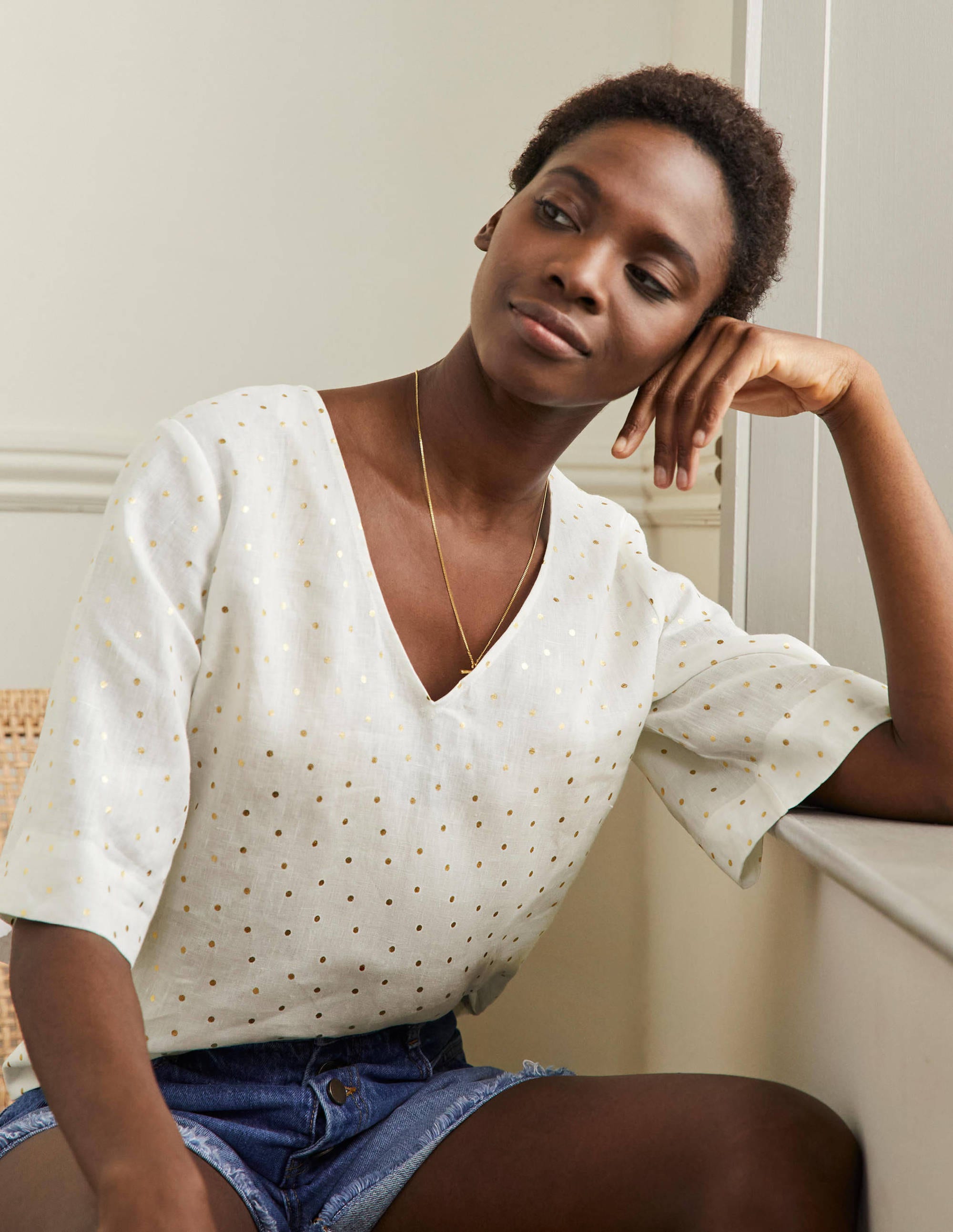 Linen Wide Sleeve Top-Ivory, Gold Pin Dot - Image 4