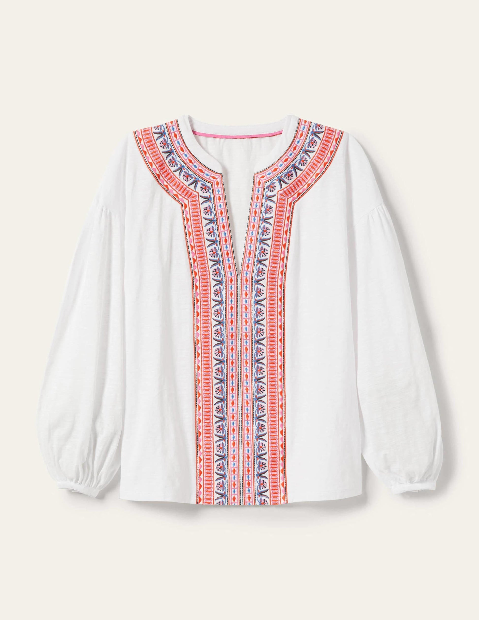 Embroidered Tie Detail Top-White, Multi Embroidery-6