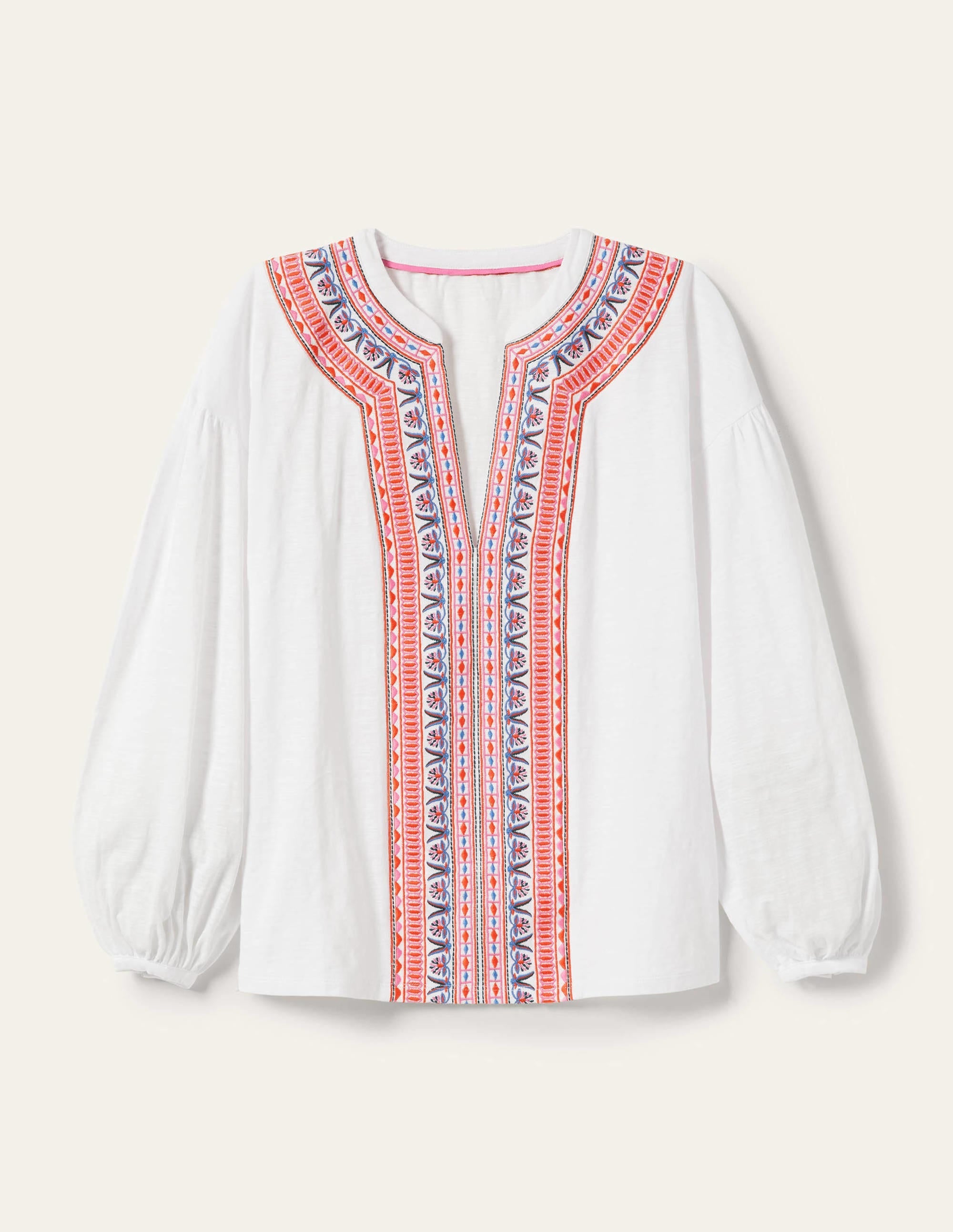 Embroidered Tie Detail Top-White, Multi Embroidery - Image 6