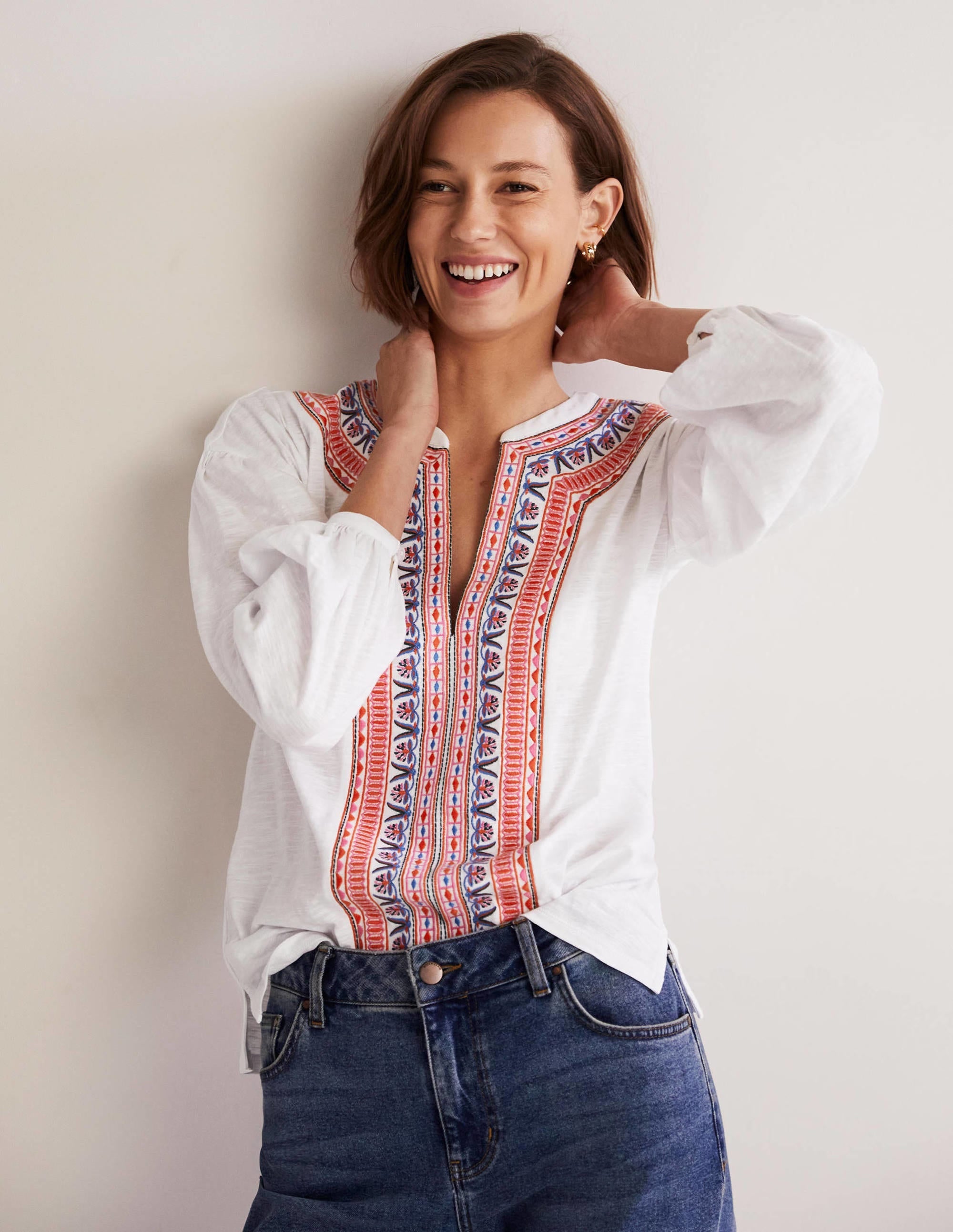 Embroidered Tie Detail Top-White, Multi Embroidery - Image 1
