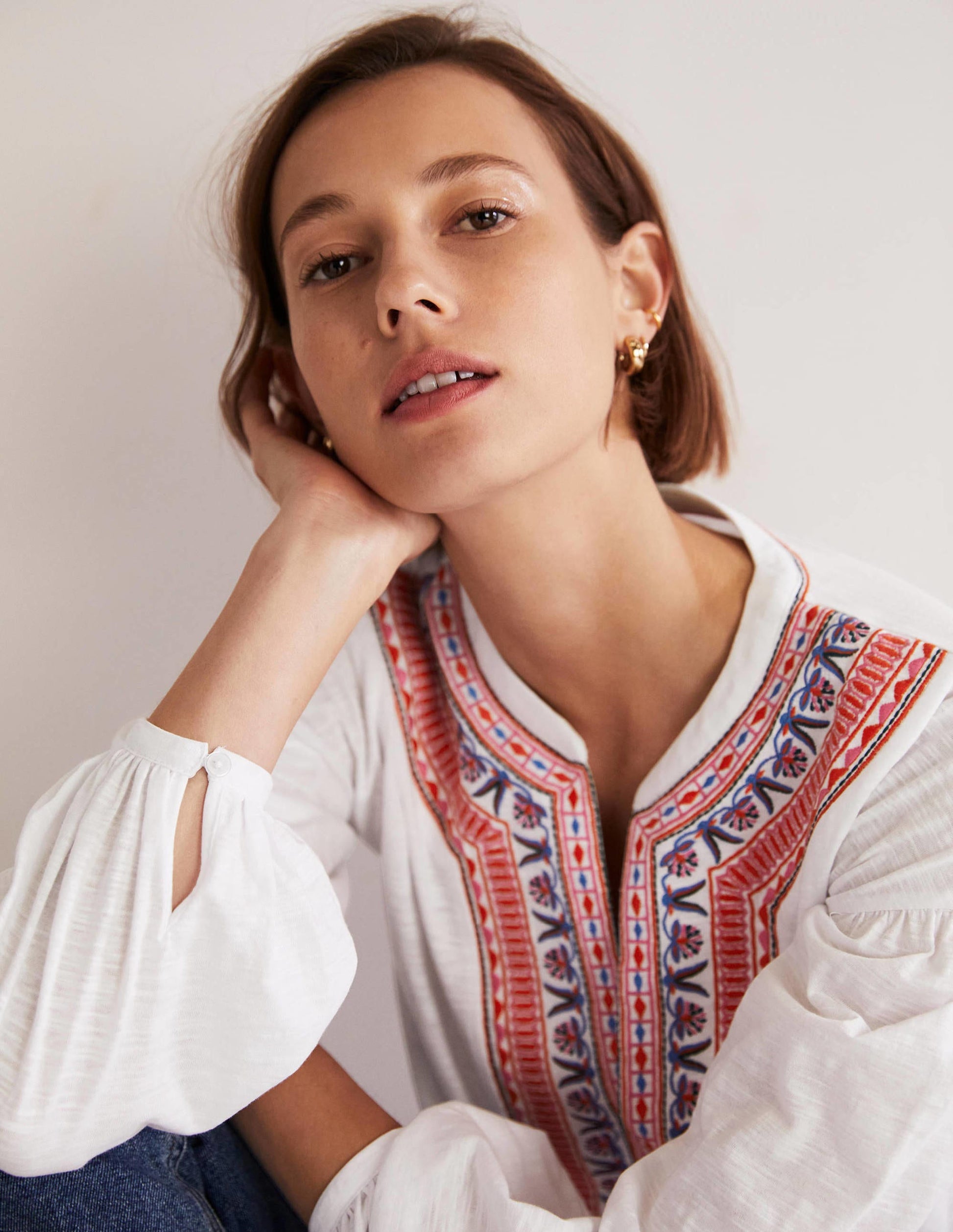 Embroidered Tie Detail Top-White, Multi Embroidery-2