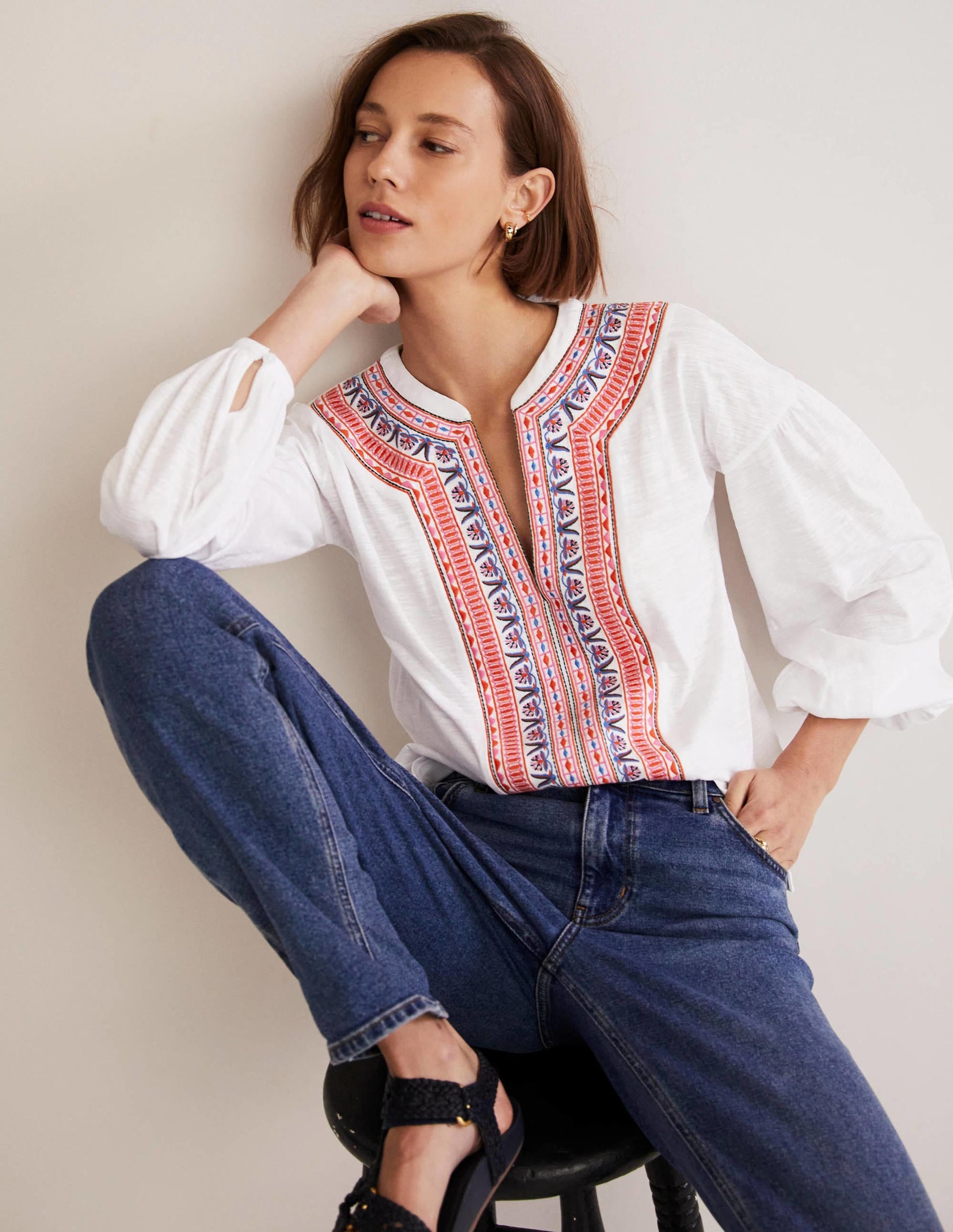 Embroidered Tie Detail Top-White, Multi Embroidery-4