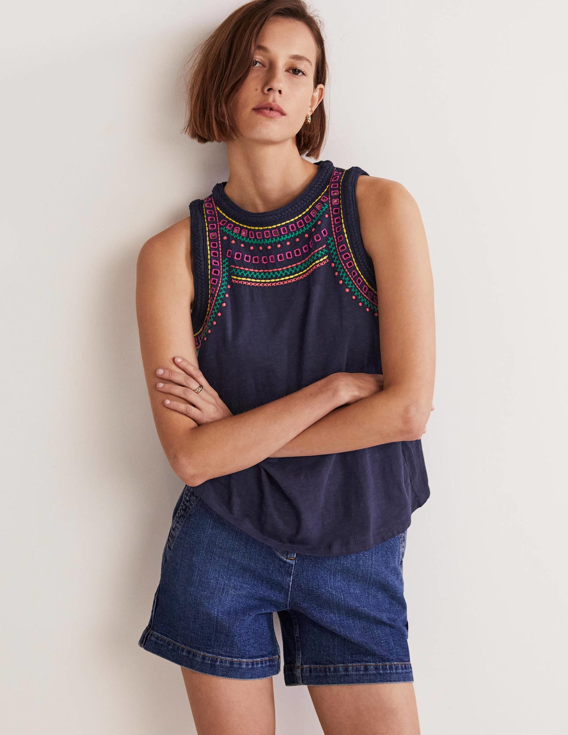 Stitch Detail Sleeveless Top-Navy, Multi Embroidery-1