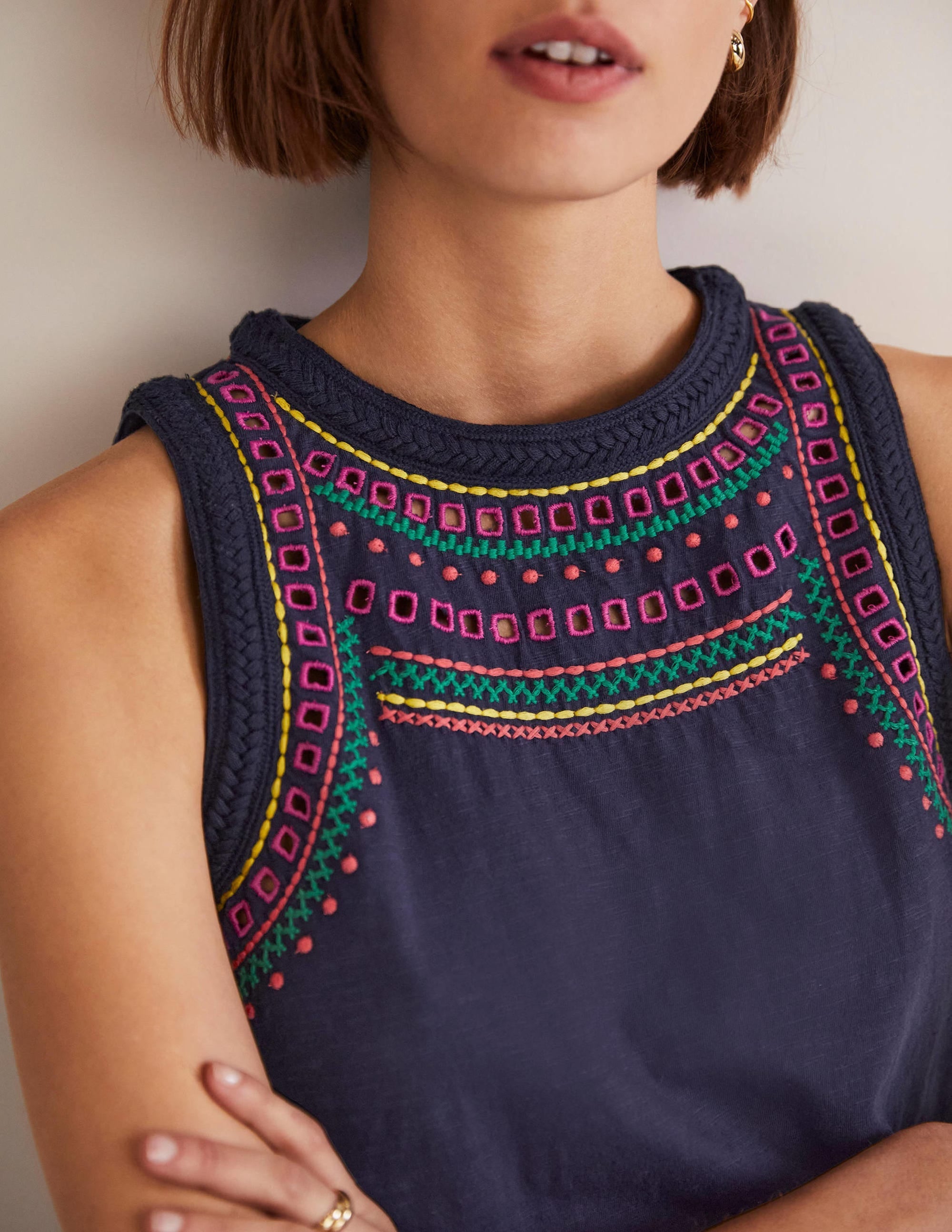 Stitch Detail Sleeveless Top-Navy, Multi Embroidery - Image 2