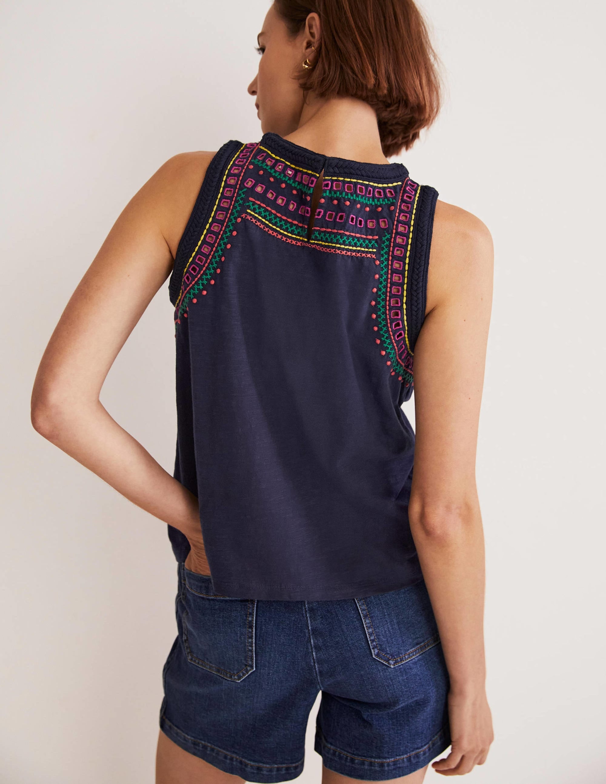 Stitch Detail Sleeveless Top-Navy, Multi Embroidery - Image 3