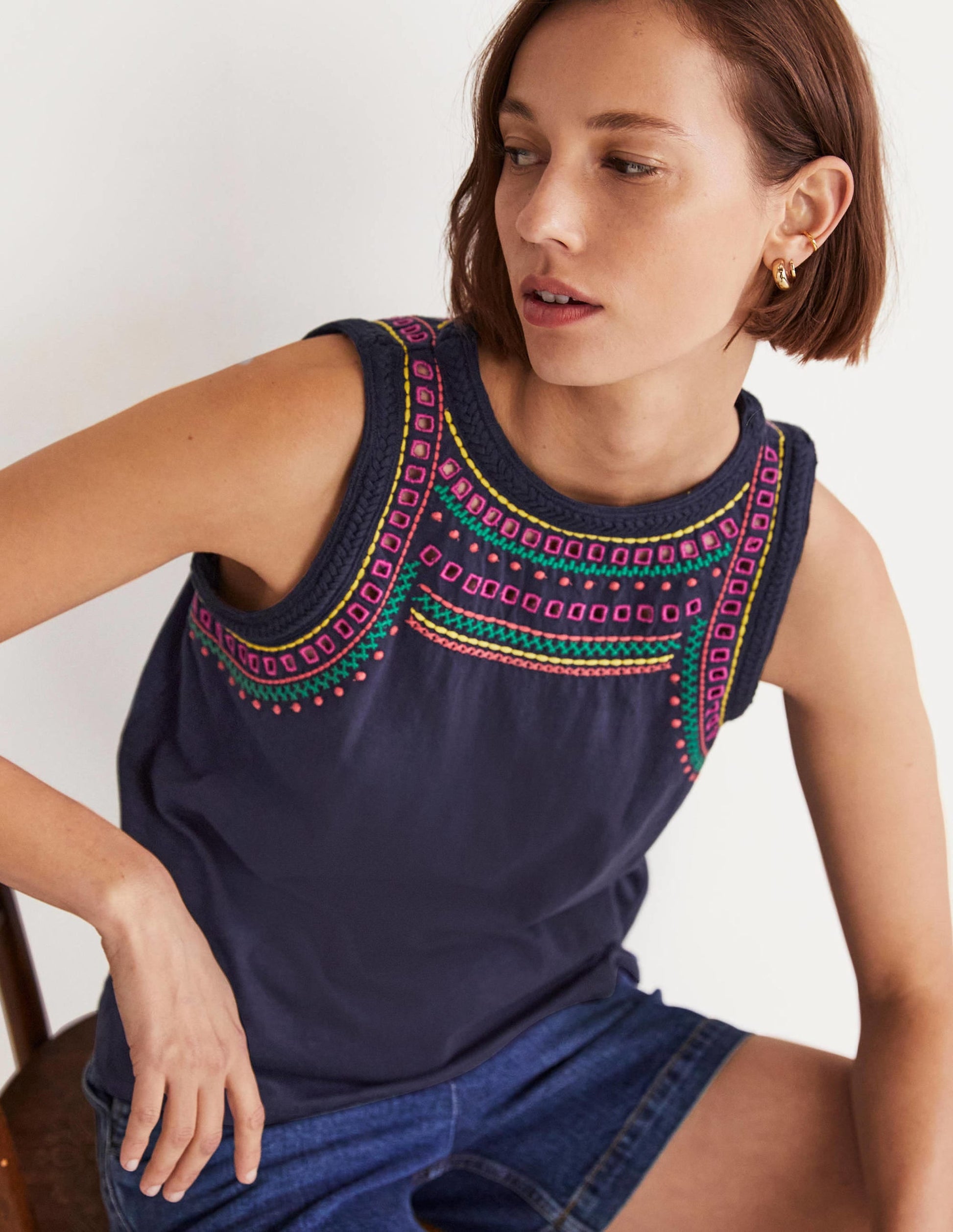 Stitch Detail Sleeveless Top-Navy, Multi Embroidery-4