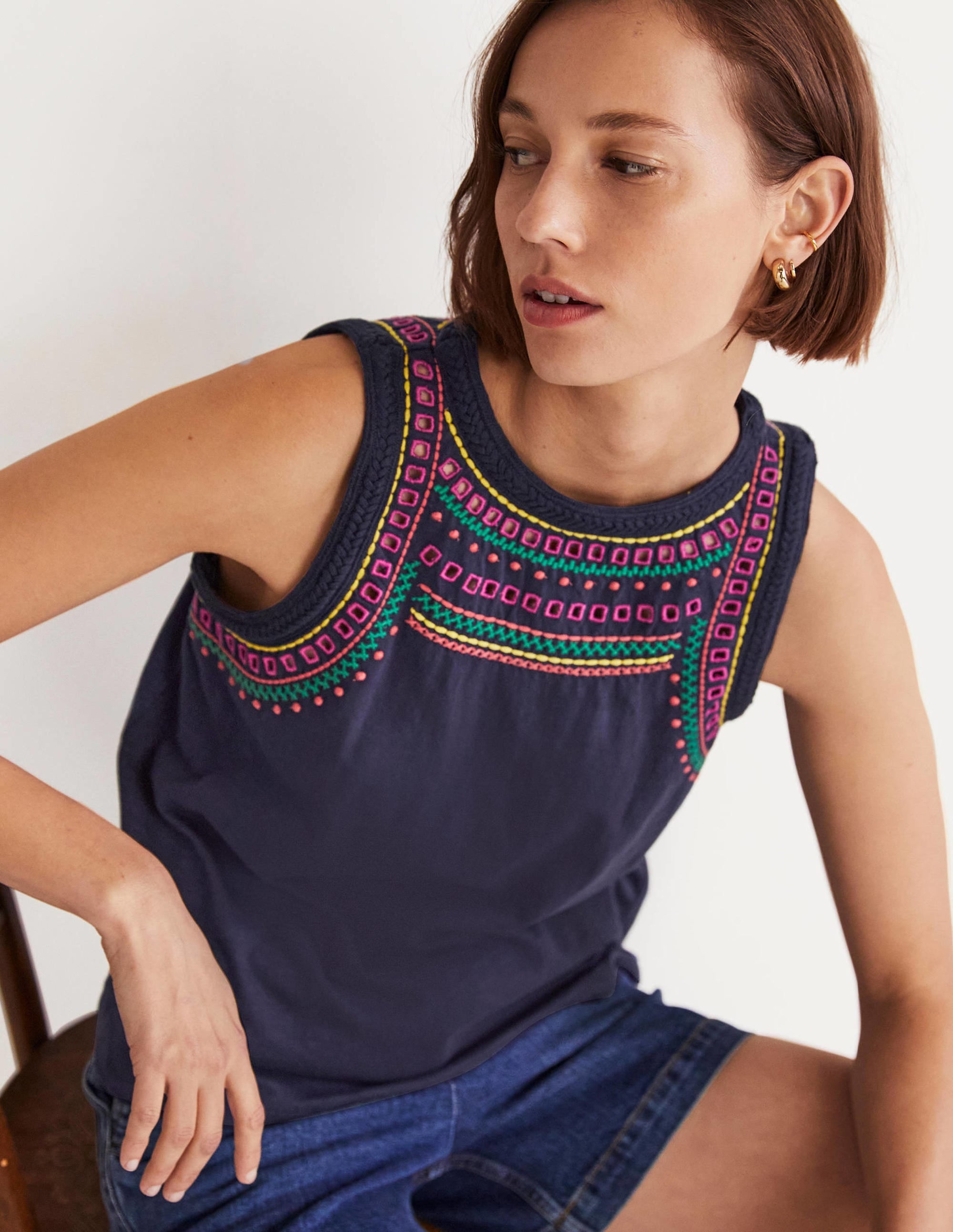 Stitch Detail Sleeveless Top-Navy, Multi Embroidery - Image 4