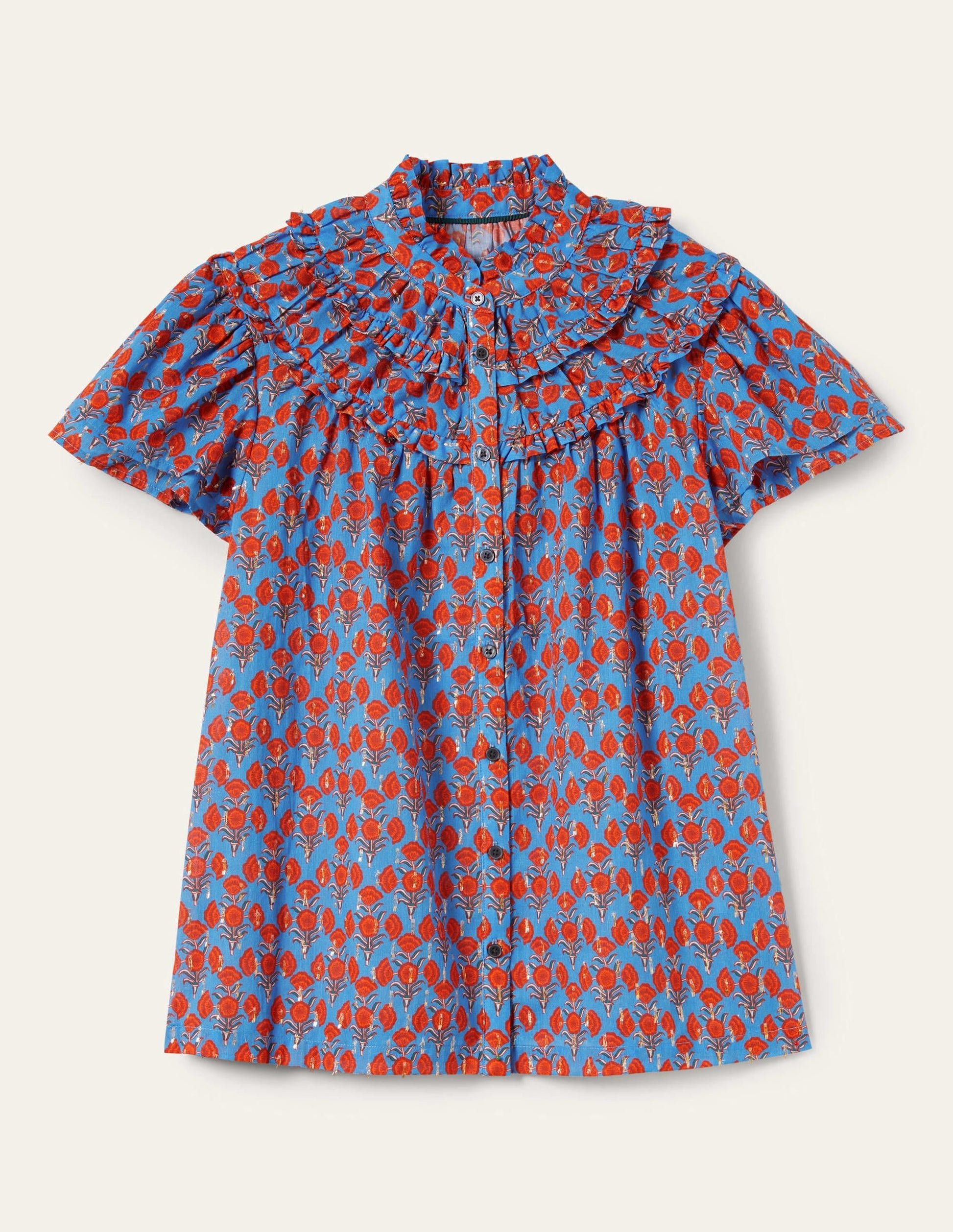 Ruched Detail Metallic Blouse-Mosaic Blue, Poppy Geo-5