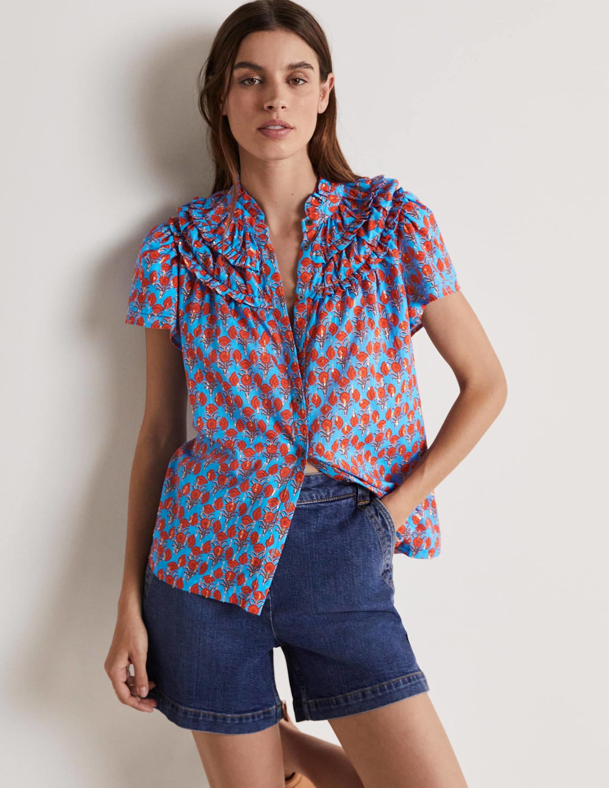 Ruched Detail Metallic Blouse-Mosaic Blue, Poppy Geo-1