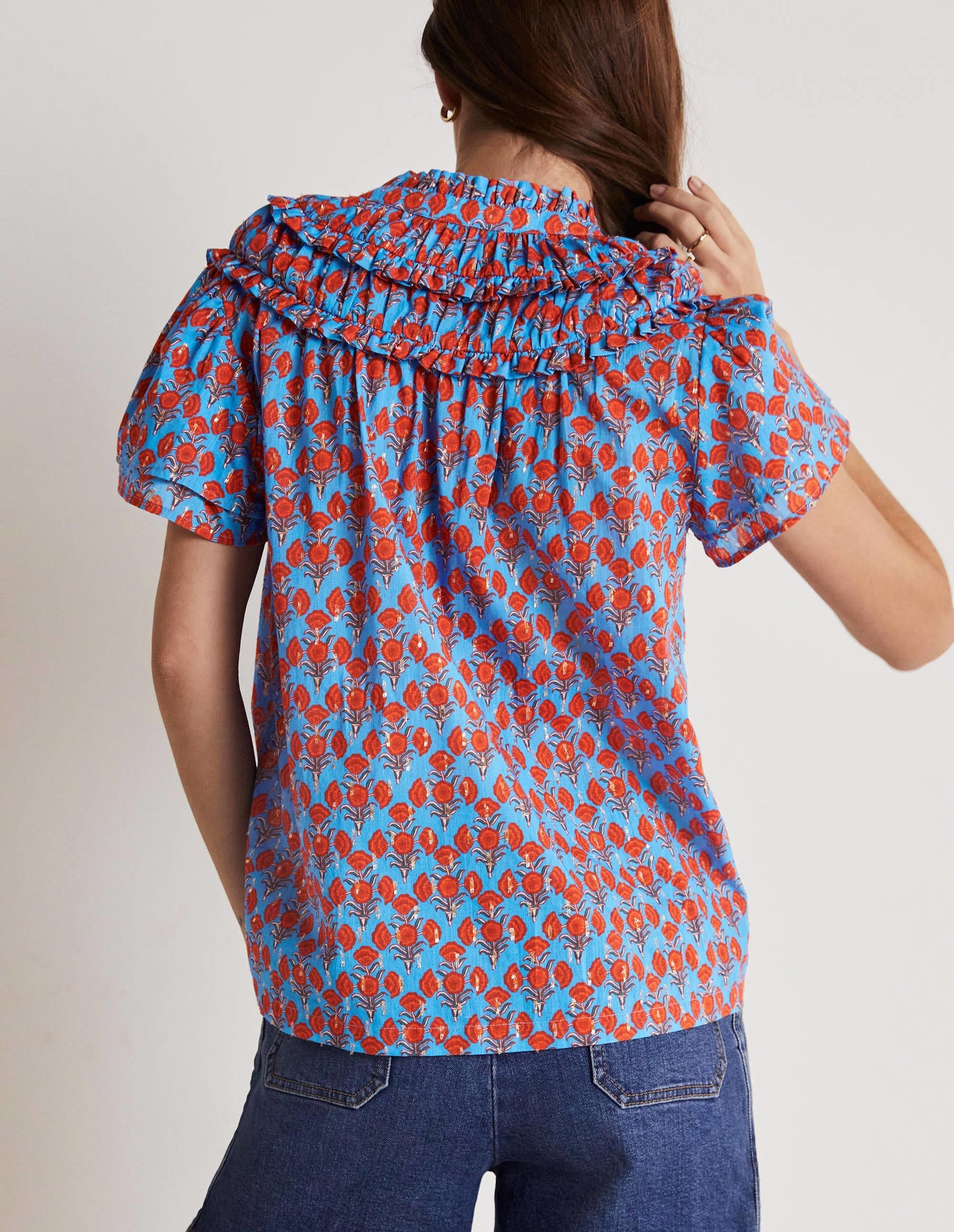 Ruched Detail Metallic Blouse-Mosaic Blue, Poppy Geo-3